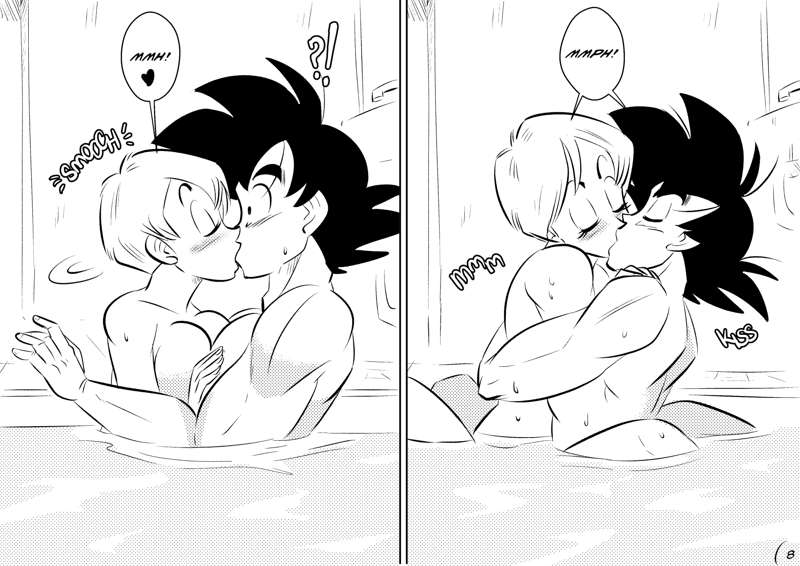 bath, bathing, bathing together, bulma briefs, comic, dragon ball, dragon ball super, dragon ball z, english text, female, funsexydragonball, goku, hi res, male, male/female, monochrome, muscular, muscular male, page 8, saiyan, son goku