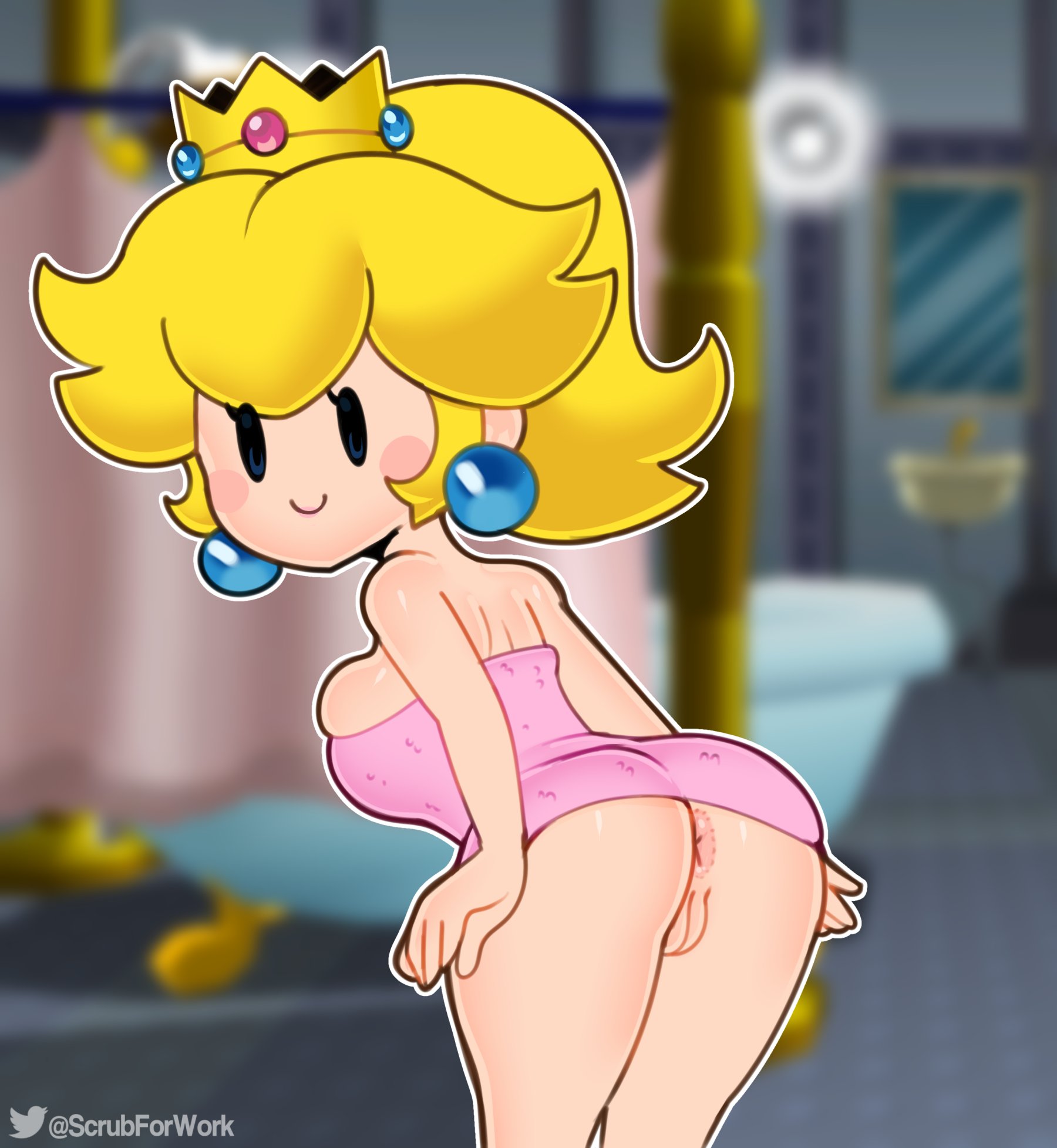 1girls, anus, ass, bent wrist, big ass, big breasts, big butt, blonde hair, bottomless, breasts, bubble ass, bubble butt, crown, cute, eye contact, female, long hair, looking at viewer, mario (series), minidress, nintendo, paper mario, paper mario: the thousand-year door, paper peach, princess peach, pussy, solo, somescrub, thick thighs, thighs, towel