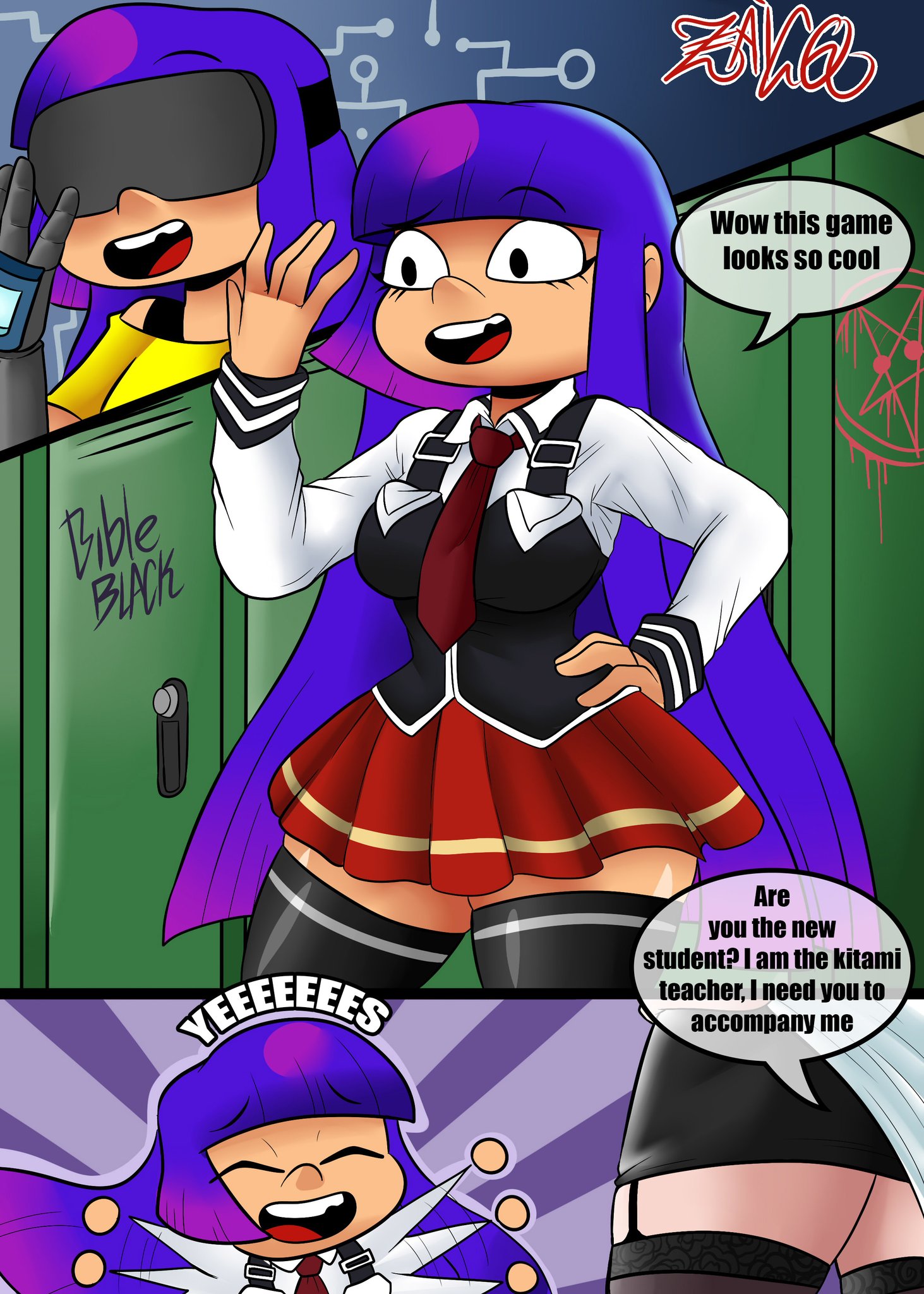 1futa, 1girls, 2d, academy uniform (bible black), bible black, big breasts, breasts, cosplay, english text, female, futanari, glitch techs, human, imminent sex, intersex, kitami reika, long hair, miko kubota, netflix, parody, purple hair, school uniform, schoolgirl, smooth skin, teenager, text, uniform, very long hair, video games, vr, zaicomaster14
