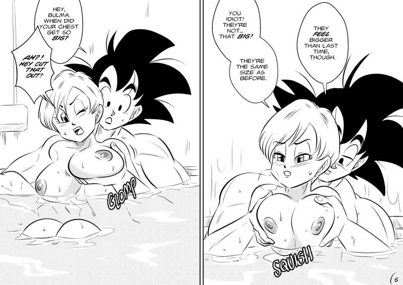 bath, bathing, bathing together, bulma briefs, comic, dragon ball, dragon ball super, dragon ball z, english text, female, funsexydragonball, goku, hi res, male, male/female, male/female/male, monochrome, muscular, muscular male, page 5, saiyan, son goku