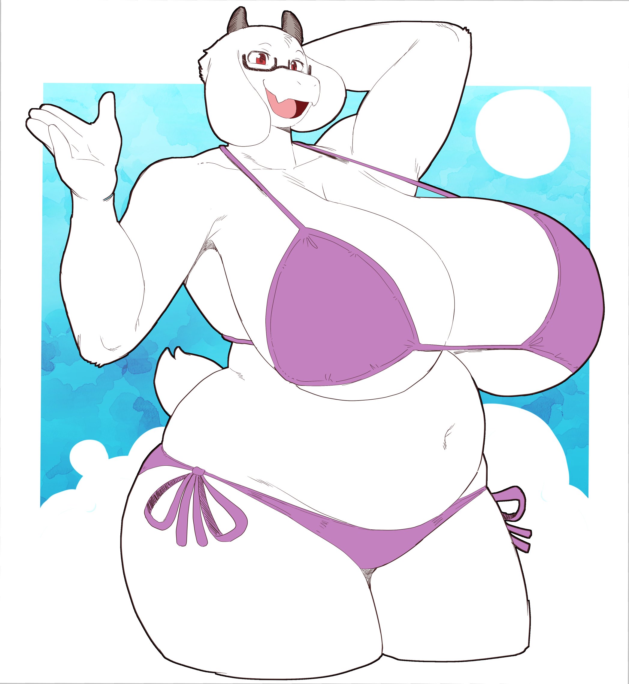 1girls, angstrom, big breasts, bikini, breasts, clothing, female, fur, furry, furry only, goat horns, goat humanoid, horns, huge breasts, hyper, hyper breasts, open mouth, overweight, overweight female, red eyes, skimpy, smile, solo, solo female, toriel, undertale, undertale (series), voluptuous, white body, white fur, wide hips
