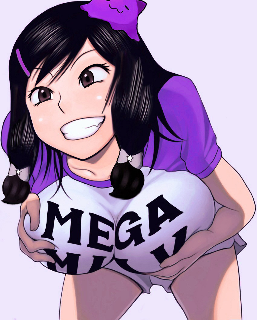 1girls, alternate breast size, bent over, big breasts, black hair, breast grab, breast squeeze, breasts, clothes writing, female, grabbing own breast, hands on breasts, huge breasts, indie virtual youtuber, large breasts, mega milk, nimu, pajamas, pale skin, sharp teeth, shiny skin, shirt, shorts, smile, smiling, teeth, tiny boobs giant tits history, tshirt, virtual youtuber, youtube hispanic