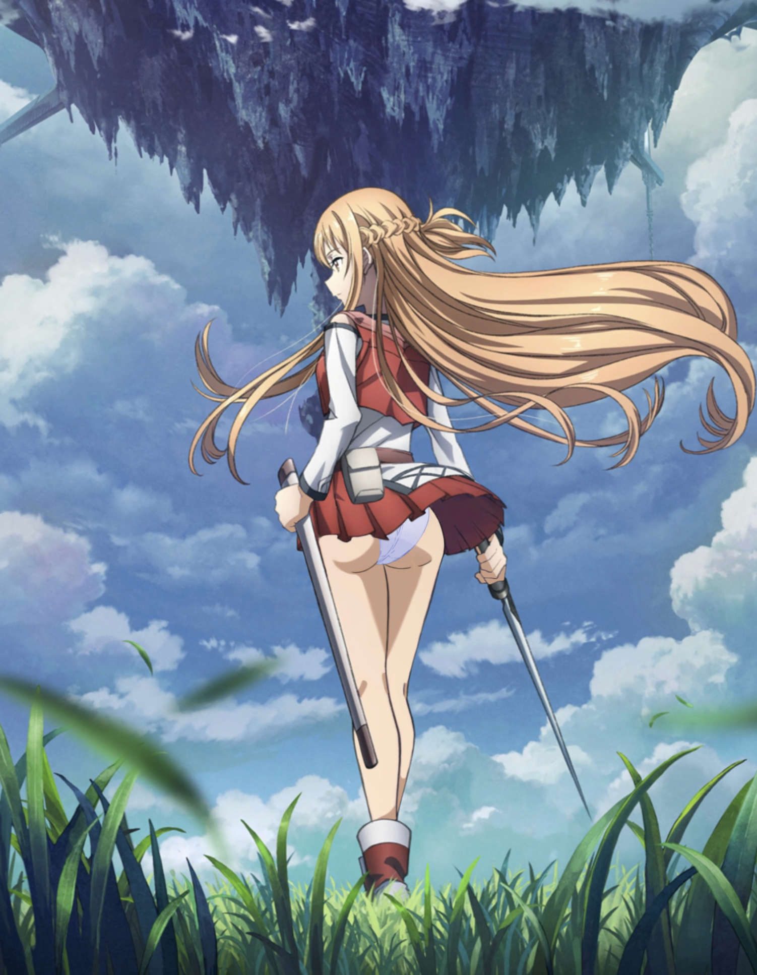 1girls, ass, edit, female, female focus, female only, long hair, low-angle view, panties, skirt, skirt lift, sole female, solo, solo focus, sword art online, upskirt, wavy hair, yuuki asuna