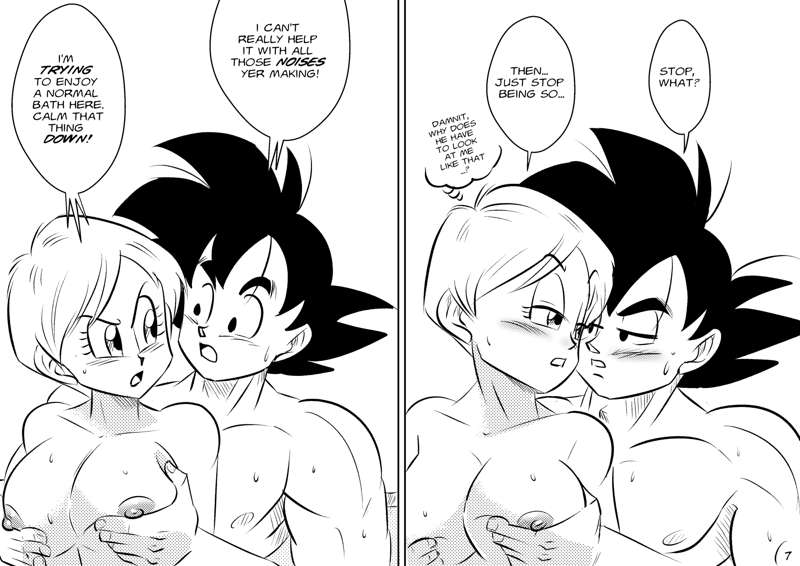 bath, bathing, bathing together, bulma briefs, comic, dragon ball, dragon ball super, dragon ball z, english text, female, funsexydragonball, goku, hi res, male, male/female, monochrome, muscular, muscular male, page 7, saiyan, son goku