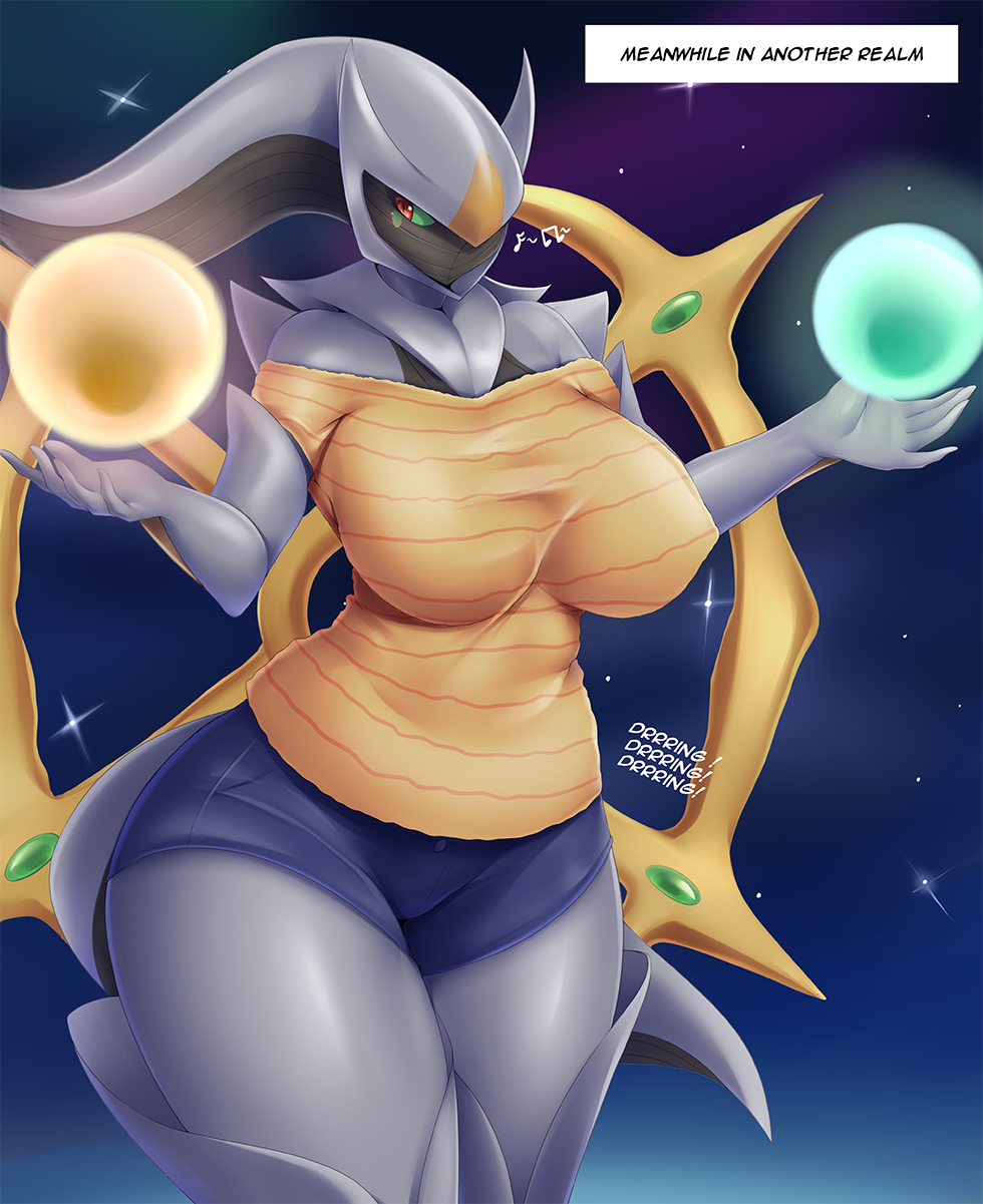 1girls, anthrofied, arceus, big breasts, blue shorts, breasts, female, grey body, mleonheart, nintendo, phone, pokémon (species), pokemon, pokemon (species), solo, solo female, space, tagme, white body, yellow body, yellow shirt