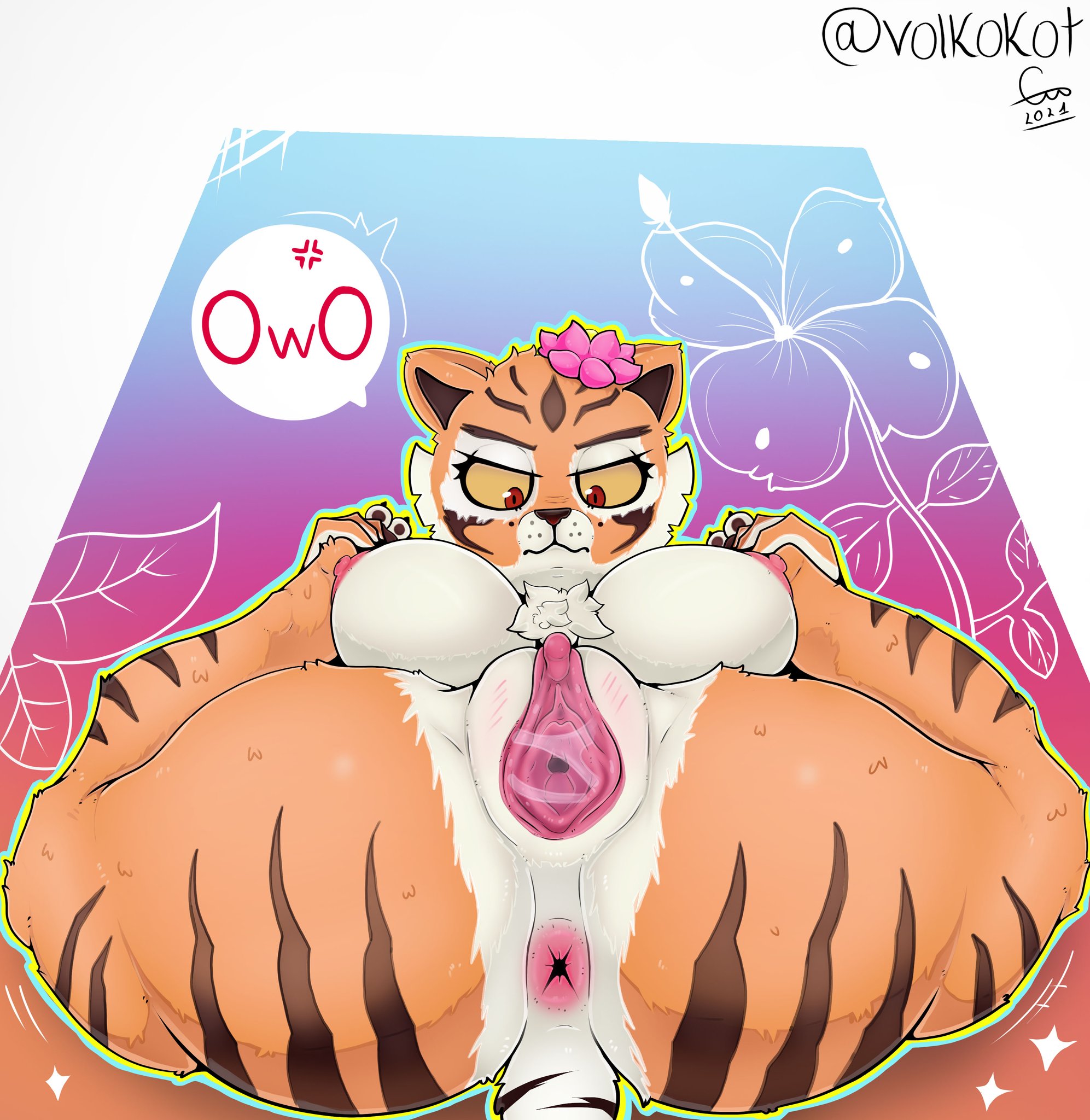 1girls, 2021, anthro, anus, bodily fluids, breasts, dreamworks, feet, felid, female, female only, fingers, fur, furry, furry only, genital fluids, genitals, hi res, kung fu panda, mammal, master tigress, nipples, nude, owo, pantherine, pussy, pussy juice, signature, solo, speech bubble, tail, text, thick thighs, tiger, toes, volkokot