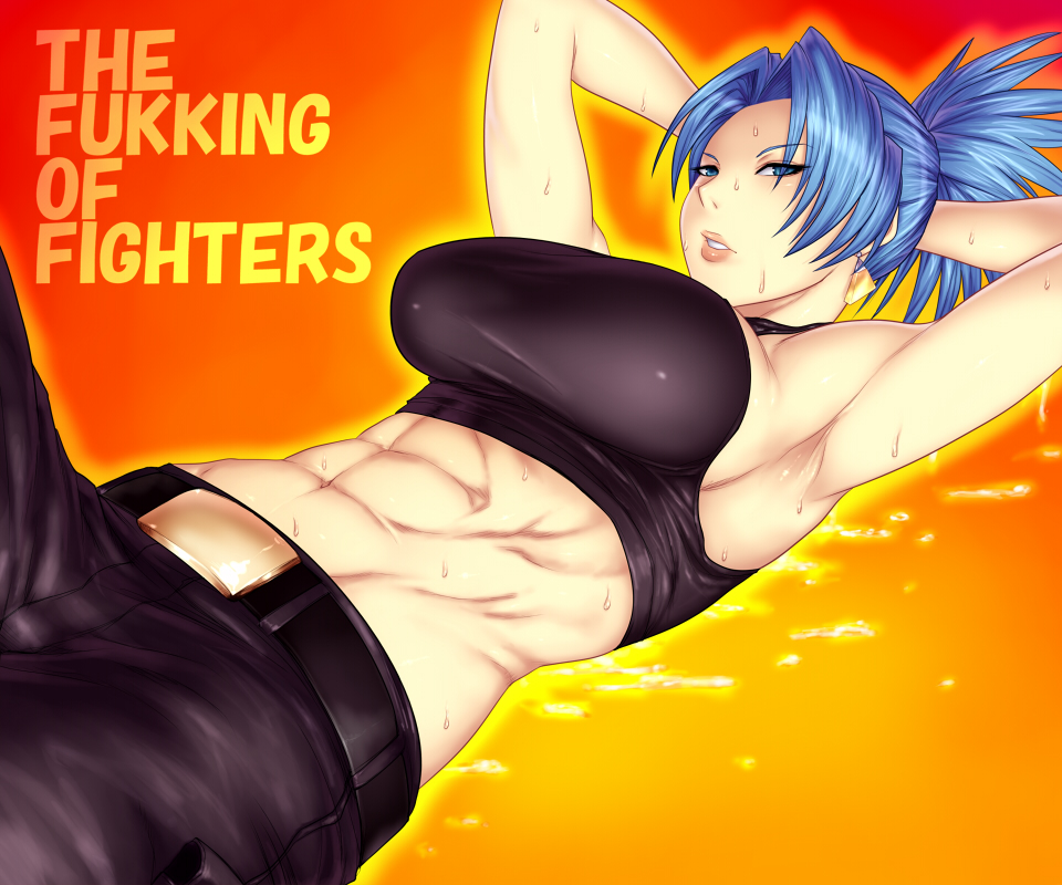 abs armpits arms_behind_head arms_up bare_shoulders blue_eyes blue_hair breasts crop_top earrings english_text exercise female impossible_clothes jewelry king_of_fighters large_breasts leona_heidern lips long_hair looking_at_viewer lying matching_hair/eyes midriff muscular muscular_female navel on_back pants ponytail profanity sawao snk solo sweat