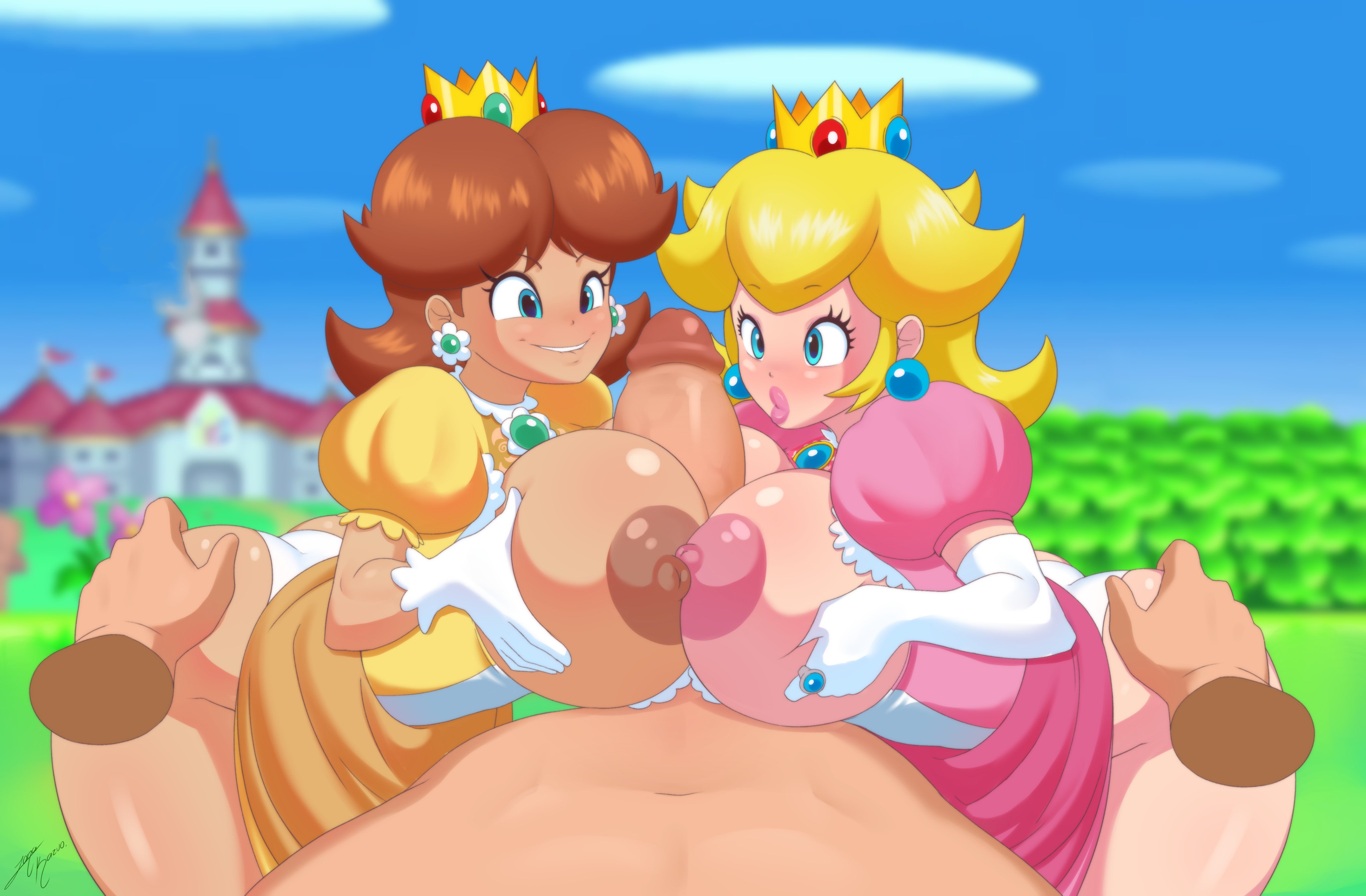 1boy, 2girls, ass, ass grab, big ass, big breasts, big butt, biting lip, blonde hair, blue eyes, blush, breast support, breasts, brown hair, brown nipples, dark skin, dark-skinned female, double paizuri, dress, dress lift, earrings, erect nipples, erect penis, evening gloves, eyelashes, female, female focus, full lips, gloves, hands on ass, huge areolae, huge breasts, jonakazuo, large breasts, light skin, light-skinned female, lip bite, long hair, looking at penis, male, male pov, mario (series), multiple females, multiple girls, nintendo, nipples, paizuri, penis, pink dress, pink lipstick, pink nipples, pov, princess, princess daisy, princess peach, royalty, shoulder length hair, super mario bros., tanned female, tanned skin, thick thighs, titjob, top heavy, unseen male face, wide hips, yellow dress