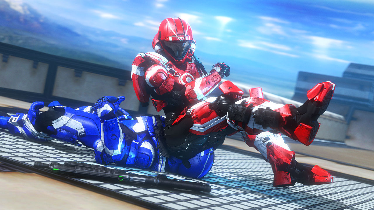 1boy, 1girls, armor, ass, connivingrat, curvy, facesitting, female, halo (series), helmet, layzuhcatz, male, rookie425, sitting, sitting on person, spartan (halo), tagme, thumbs up