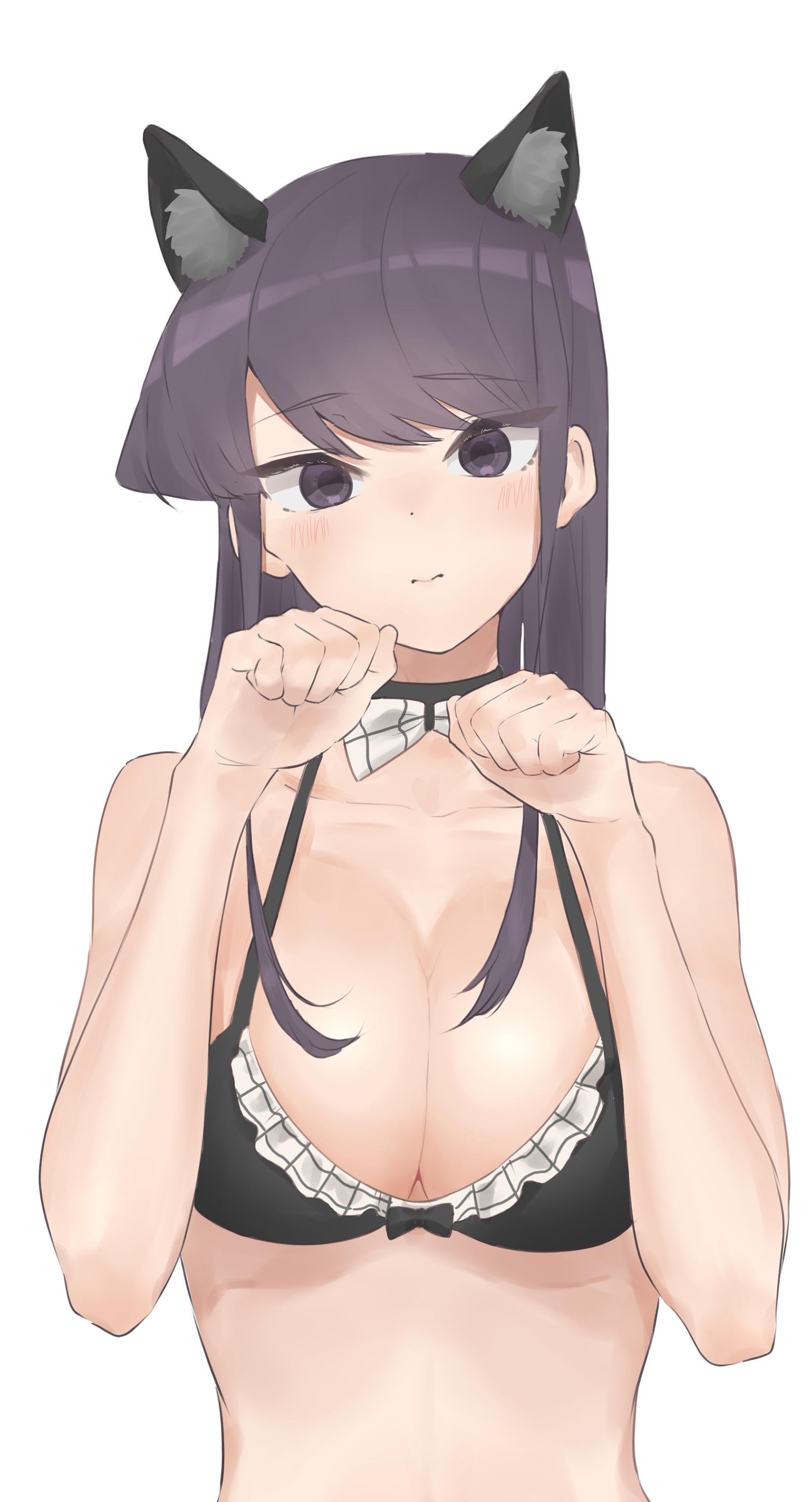 1girls, 2021, absurdres, animal ear fluff, animal ears, bikini, blush, bow, bowtie, breasts, cat ears, cleavage, female, female focus, female only, highres, komi shouko, komi-san wa komyushou desu, large breasts, maid bikini, paw pose, purple eyes, purple hair, solo, solo female, swimsuit, takita, upper body, white background