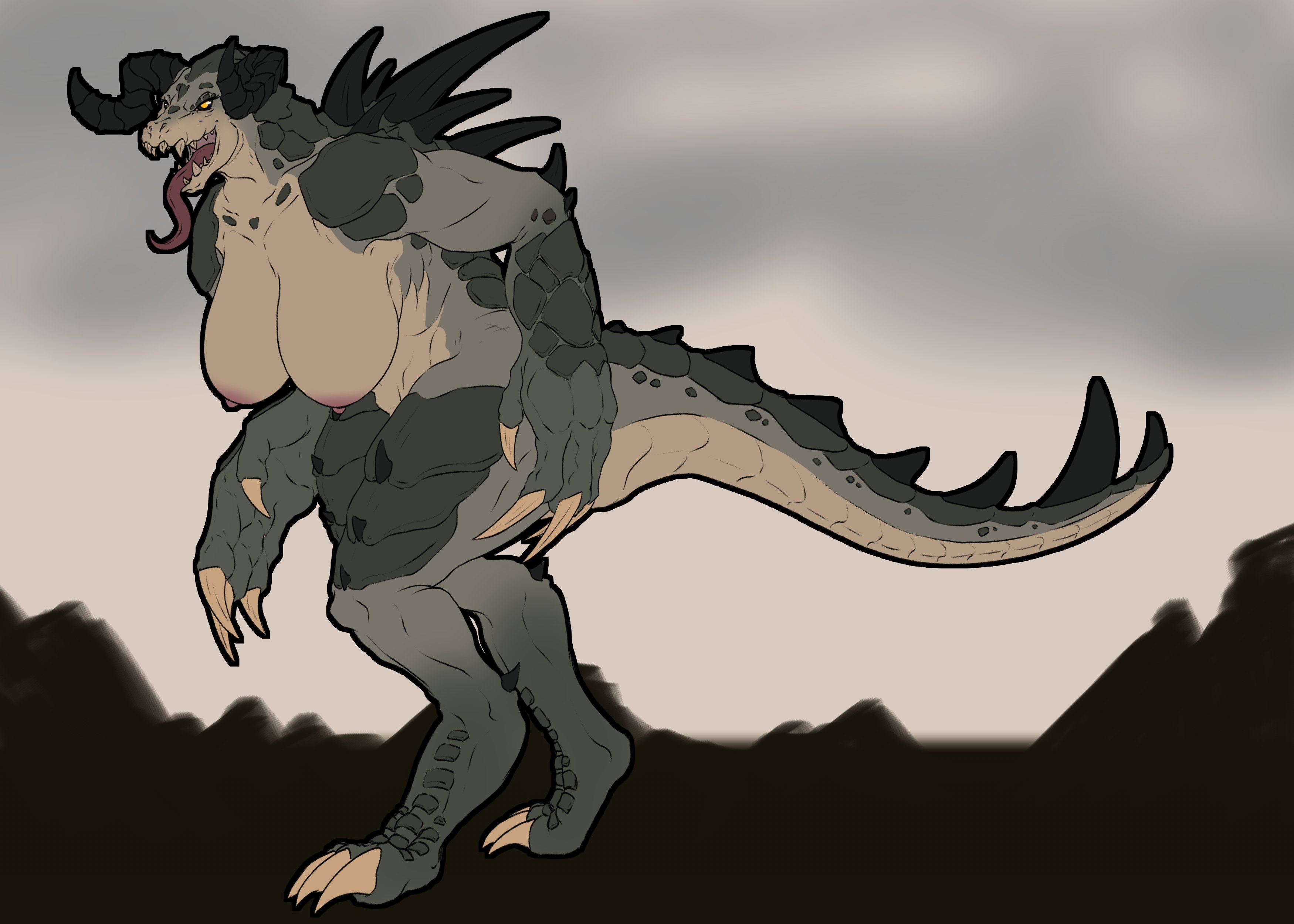anthro, anthro only, armor, bethesda softworks, claws, deathclaw, fallout, female, female deathclaw, horns, lizard, monster girl, scalie, tail, tolerain (artist)