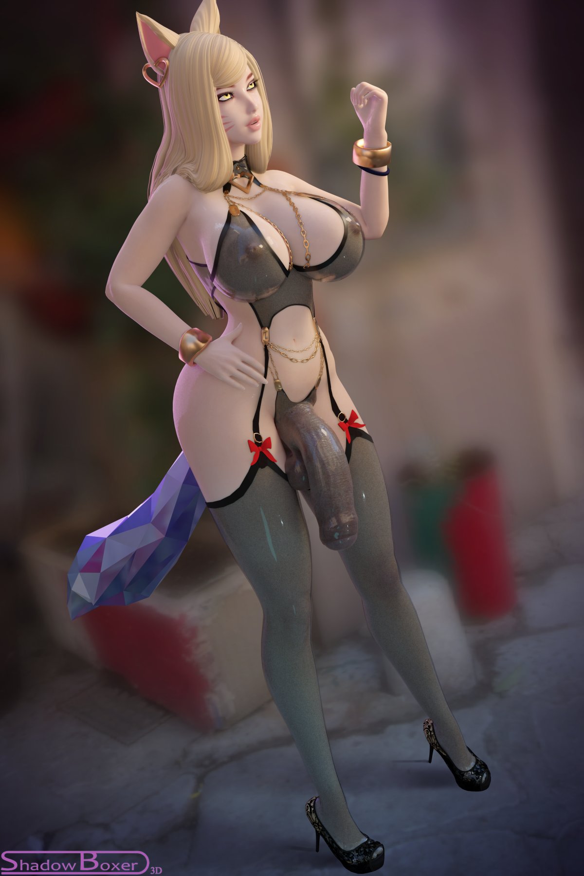 1futa, 3d, ahri, alternate costume, areolae, big breasts, big penis, blender, bottomless, breasts, casual, cock sleeve (clothes), cock sock, flaccid, foreskin, futa only, futanari, genitalwear, gold chain, high heels, human, intersex, k/da ahri, k/da series, large breasts, league of legends, nipples, penis, shadowboxer, solo, thick thighs, uncircumcised, uncut, unretracted foreskin, wide hips