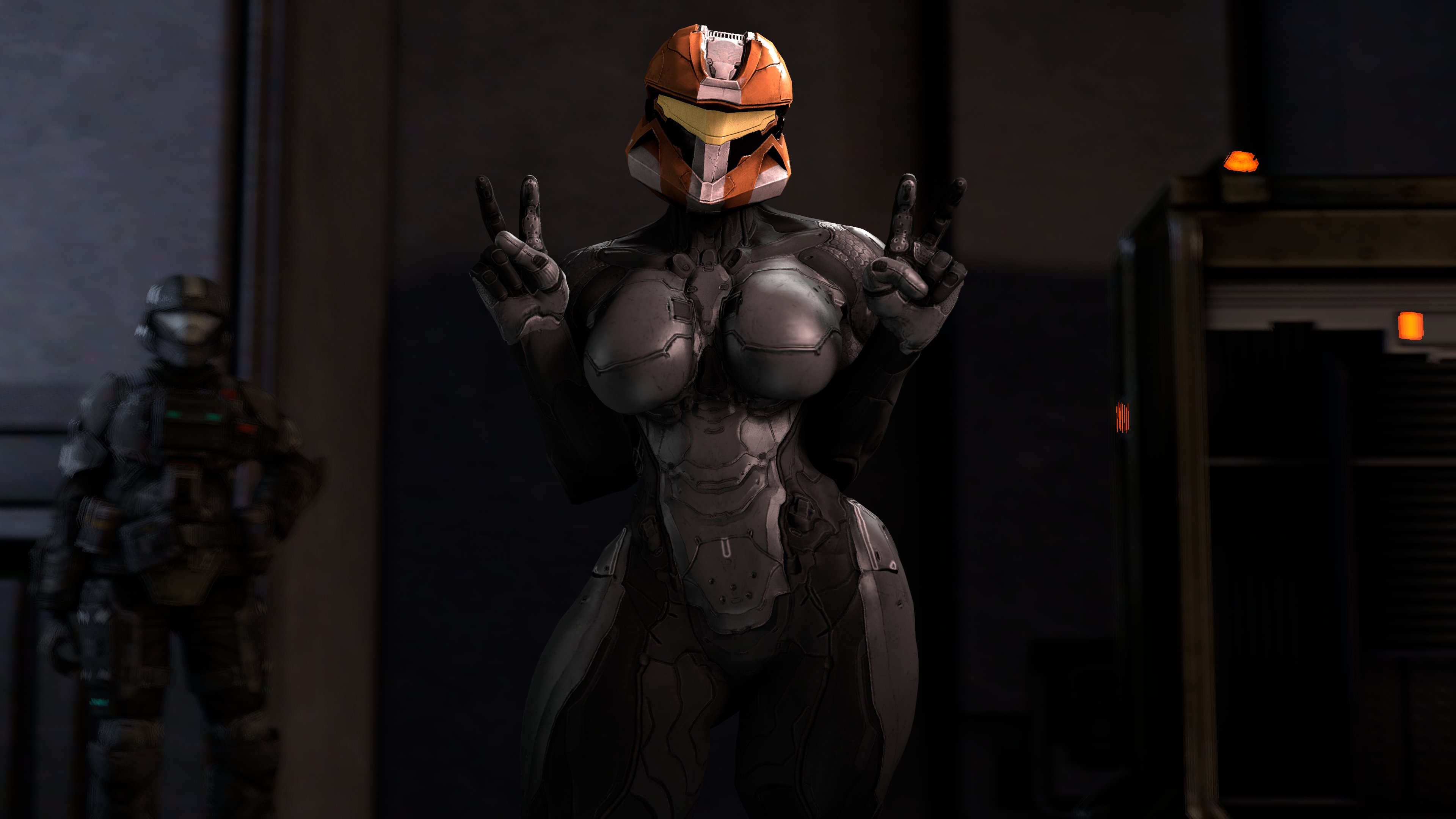 1boy, 1girls, 2021, 3d, athletic, athletic female, breasts, female, female focus, halo (series), helmet, human, large breasts, madis259, male, no artist signature, odst, peace sign, pose, skin tight, spartan (halo)