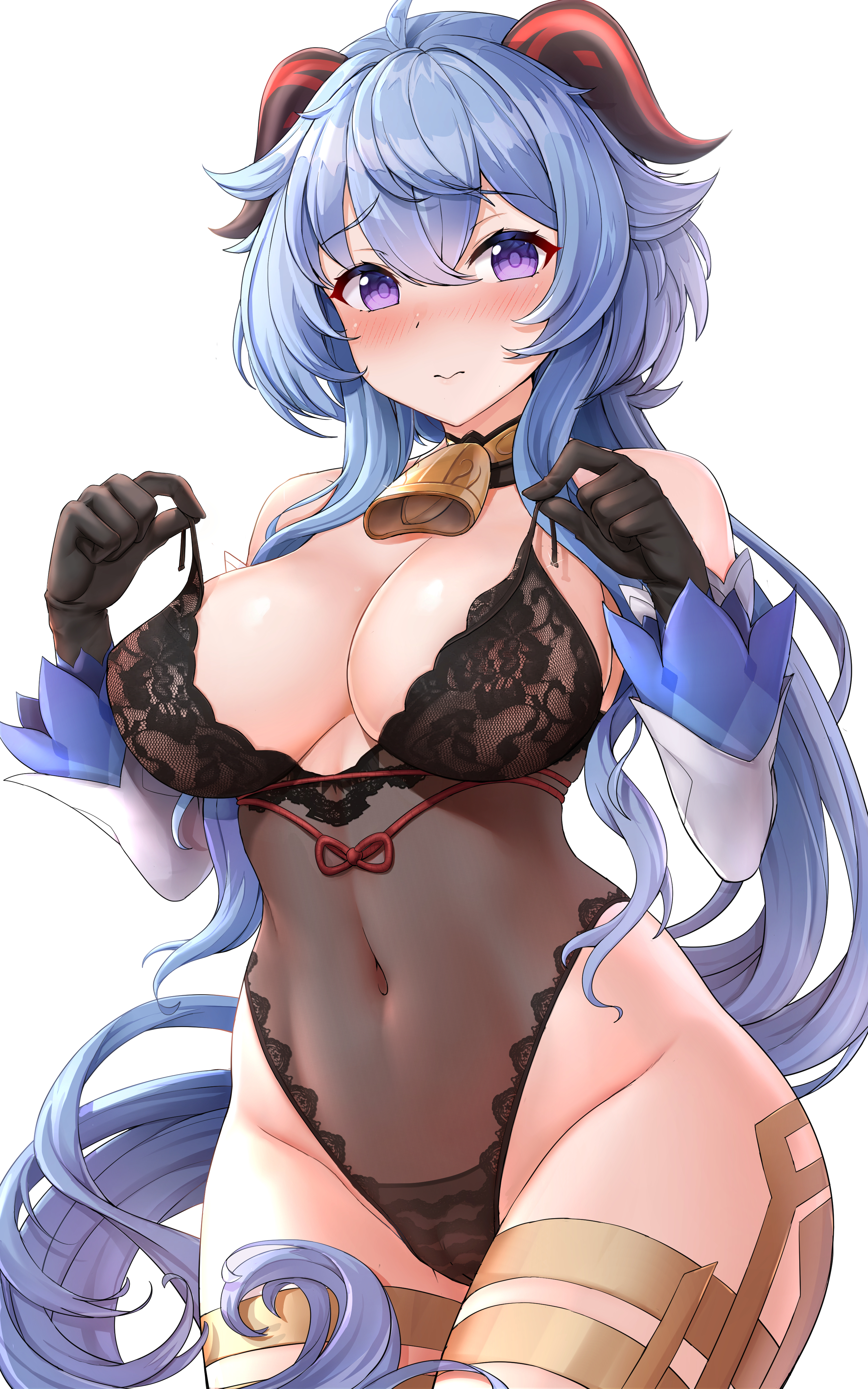 1girls, 2021, absurdres, ahoge, bangs, bare shoulders, bell, blue hair, blush, breasts, bustier, cleavage, covered navel, female, female focus, female only, ganyu (genshin impact), genshin impact, highleg, highleg leotard, highres, horns, large breasts, leotard, lingerie, long hair, looking at viewer, nipples, oxenia, purple eyes, see-through, simple background, solo, solo female, teddy (clothing), thighs, underwear, white background
