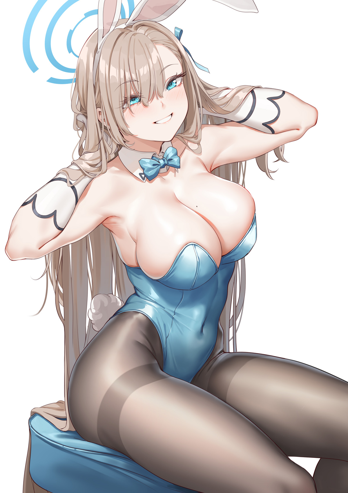 1girls, 2021, animal ears, arms up, asuna (blue archive), asuna (bunny) (blue archive), bangs, bare shoulders, blonde hair, blue archive, blue eyes, blush, bow, bowtie, breasts, bunny ears, bunny tail, bunnysuit, cleavage, covered navel, detached collar, eyebrows visible through hair, fake animal ears, fake tail, fangxiang cuoluan, female, female focus, female only, gloves, grin, hair over one eye, halo, highleg, highleg leotard, highres, large breasts, leotard, long hair, looking at viewer, mole, mole on breast, pantyhose, playboy bunny, simple background, smile, solo, solo female, strapless, strapless leotard, tail, thighband pantyhose, very long hair, white gloves