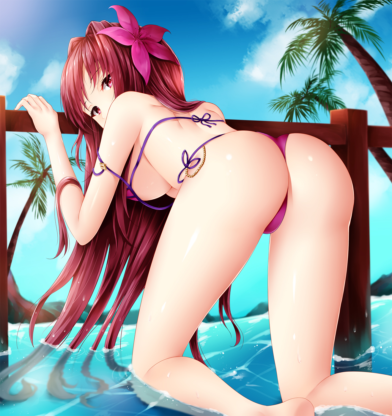 1girls, 2018, adapted costume, arm at side, ass, back, bangs, bare arms, bare legs, bare shoulders, barefoot, beach, bikini, blue sky, bracelet, breasts, cloud, cloudy sky, day, eyebrows visible through hair, fate (series), fate/grand order, female, female ass, female only, fingernails, flower, from behind, hair flower, hair intakes, hair ornament, hand up, hibiscus, highres, jewelry, kneeling, large breasts, legs apart, long fingernails, long hair, looking at viewer, looking back, navel, ocean, outdoors, palm tree, partially submerged, pink bikini, purple bikini, purple flower, purple hair, red eyes, red hair, scathach (fate), scathach (swimsuit assassin), scathach (swimsuit assassin) (fate), shiny, shiny skin, shoulder blades, side-tie bikini, sidelocks, sky, solo, strap gap, strap slip, string bikini, swimsuit, thong bikini, tree, two-piece swimsuit, underboob, very long hair, water, wsman