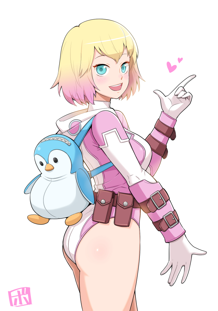 1girls ass belt blonde_hair blue_eyes bowieknife breasts gradient_hair gwen_poole gwenpool gwenpool_(series) holding leotard looking_at_viewer marvel marvel_comics multicolored_hair penguin_backpack pink_hair pink_leotard plain_background pouch short_hair simple_background smile solo superhero sword two-tone_hair weapon white_background