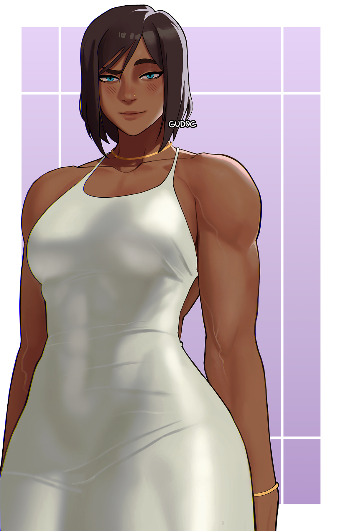 1girls, artist name, avatar legends, backless outfit, blue eyes, blush, bob cut, bracelet, breasts, brown hair, brown lips, clothed, clothing, collarbone, covered abs, dark skin, dark-skinned female, dress, female, female protagonist, gold choker, gud0c, jewelry, korra, looking at viewer, medium breasts, muscular, muscular female, necklace, nickelodeon, nose, nose piercing, piercing, raised eyebrow, short hair, silver dress, simple background, skin tight, smooth skin, solo, standing, the avatar, the legend of korra, veins, veiny arms, water tribe, white dress, wide hips