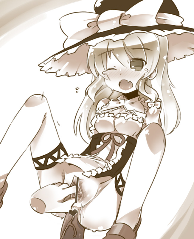 akihara nakuru, anal, blush, breasts, female, female focus, female urethral insertion, hat, large breasts, marisa kirisame, monochrome, open mouth, pussy, straight, tears, touhou, urethra, urethral fingering, urethral insertion, urethral penetration, vaginal urethral insertion, wink, witch, witch hat