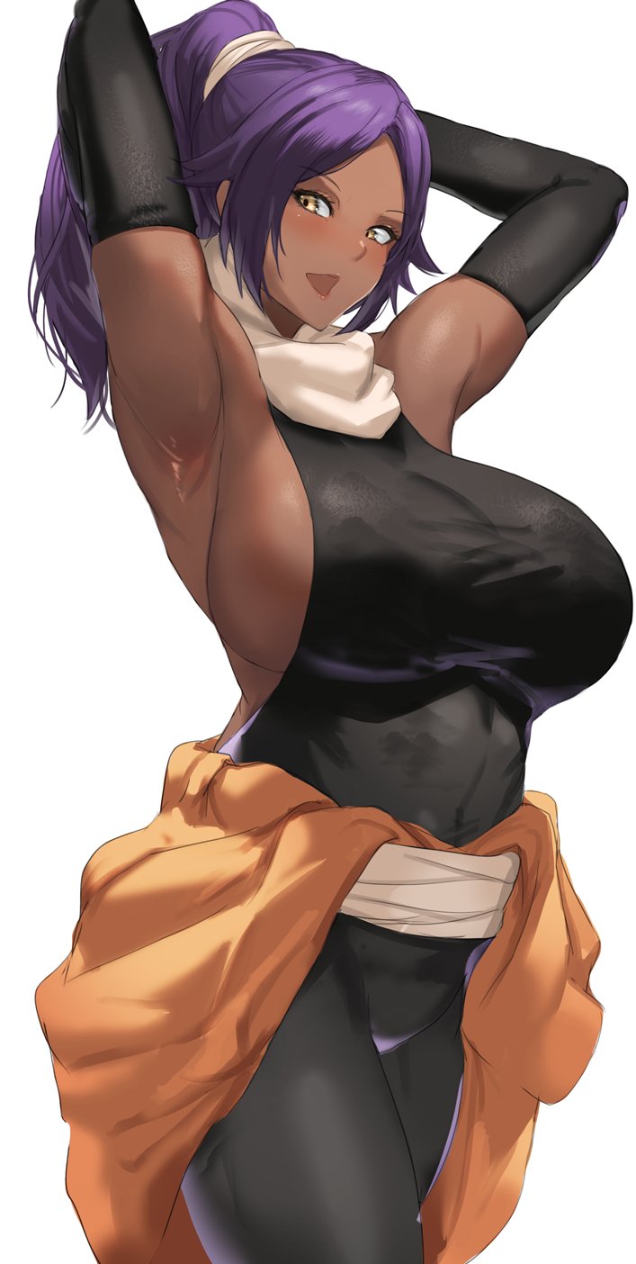 1girls, armpits, arms up, bleach, blush, breasts, brown skin, clothed, clothed female, clothes, clothes around waist, clothing, commentary request, dark skin, dark-skinned female, elbow gloves, eyebrows visible through hair, female, female only, fully clothed, gloves, hi res, jacket, jacket around waist, large breasts, long hair, looking at viewer, open mouth, plain background, ponytail, purple hair, sakanaaj1, scarf, shihouin yoruichi, shiny, shiny hair, shiny skin, simple background, skindentation, smile, solo, solo focus, white background, yellow eyes