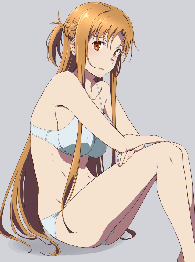 1girls, bra, breasts, brown hair, clothing, female, hand on own knee, legs together, long hair, looking at viewer, matching underwear, orange hair, panties, puge, red eyes, sitting, solo, sword art online, underwear only, white bra, white lingerie, white panties, yuuki asuna