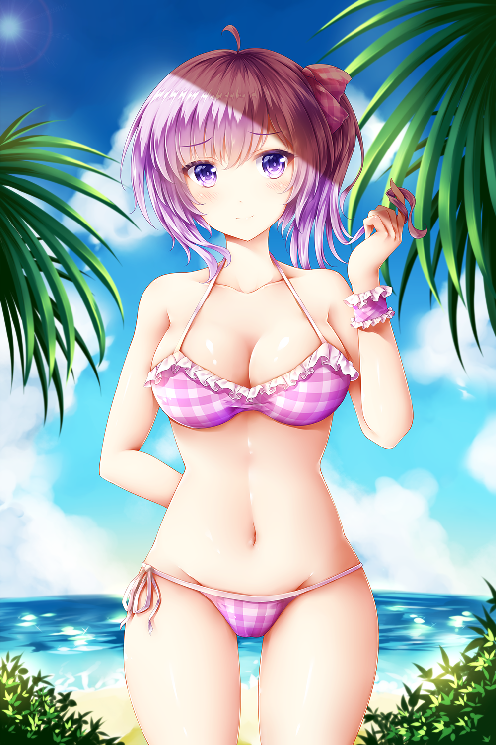 1girls 2016 ahoge arm_behind_back bare_shoulders beach bikini blush bow breasts bush cleavage closed_mouth cloud cloudy_sky collarbone colored_eyelashes day eyebrows eyebrows_visible_through_hair female female_only frilled_bikini frills groin hair_twirling hairbow head_tilt large_breasts light_smile looking_at_viewer navel ocean one_side_up original outdoors palm_tree plaid plaid_bikini plaid_bow purple_bikini purple_eyes purple_hair shiny shiny_skin short_hair side-tie_bikini sky solo standing stomach swimsuit taut_clothes thigh_gap tree tsurime wristband wsman