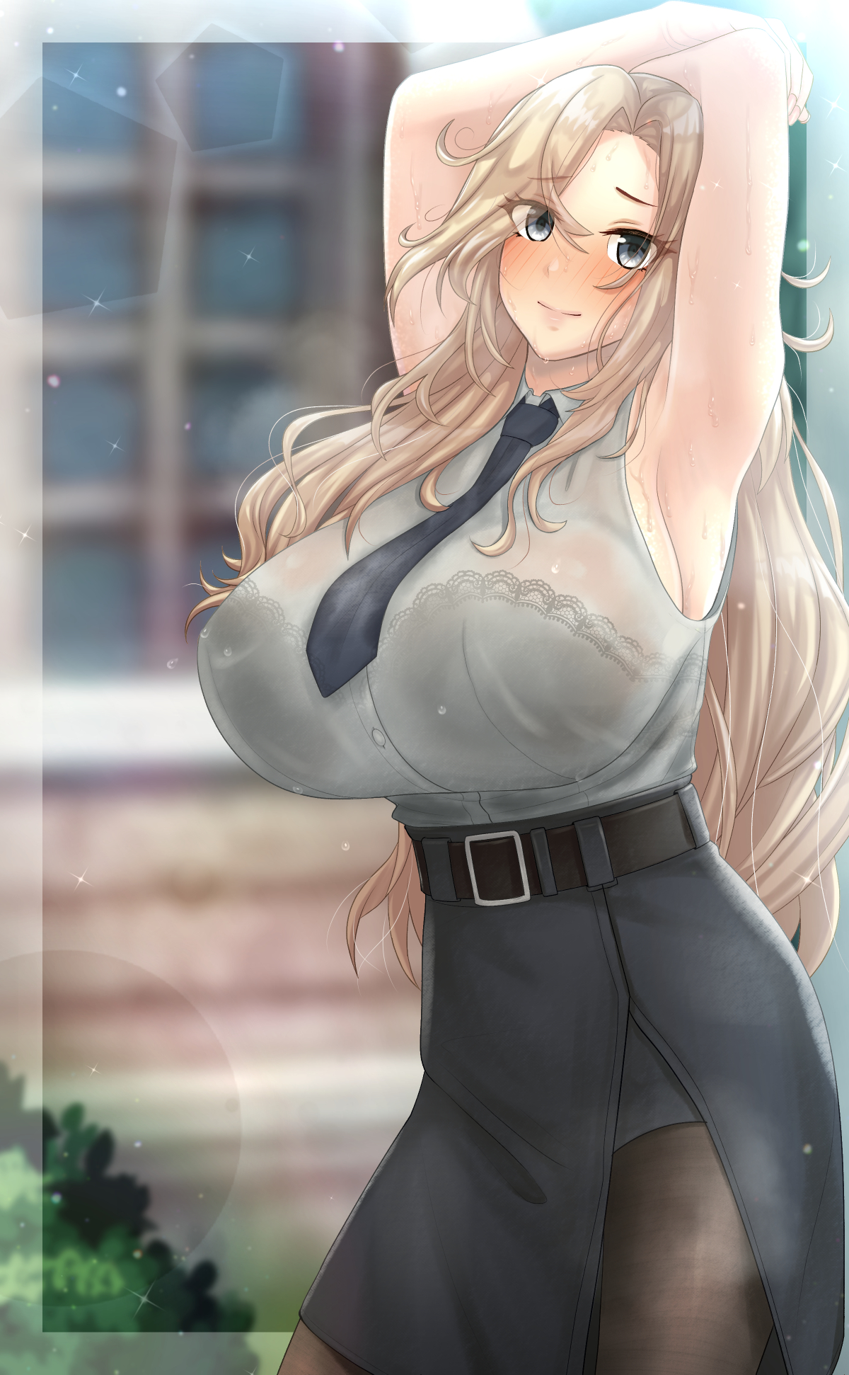 anetani kiki, armpits, arms up, big breasts, blonde hair, blue eyes, blush, bra visible through clothes, breasts, female, female only, high-waist skirt, hornet (kantai collection), huge breasts, kantai collection, lace-trimmed bra, long hair, looking at viewer, necktie, pantyhose, pencil skirt, sleeveless shirt, smile, solo, sweat, wet, wet clothes