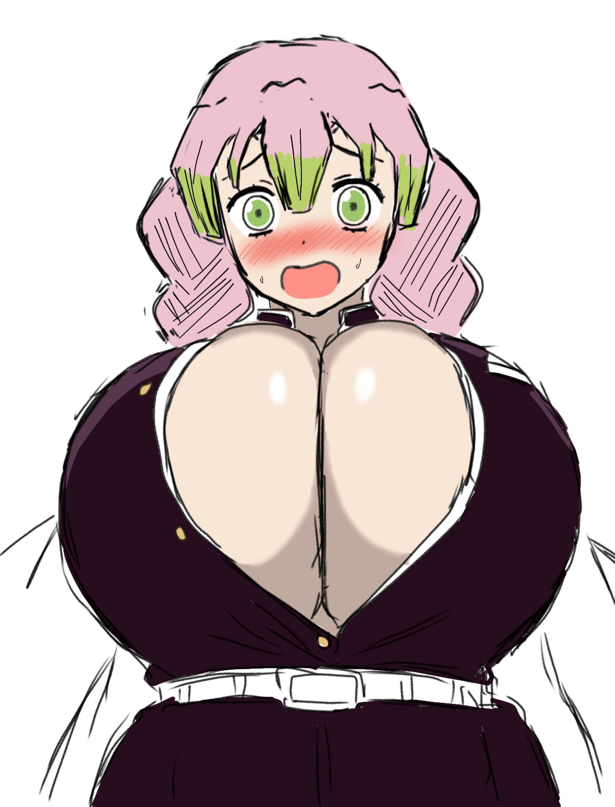 big breasts, blush, braided hair, breasts, cleavage, demon slayer, embarrassed, enormous breasts, female, female only, green eyes, huge breasts, kanroji mitsuri, kimetsu no yaiba, looking at viewer, momiji (artist), no bra, open mouth, open shirt, pink hair, solo, sweatdrop, tight clothing, two-tone hair, uniform