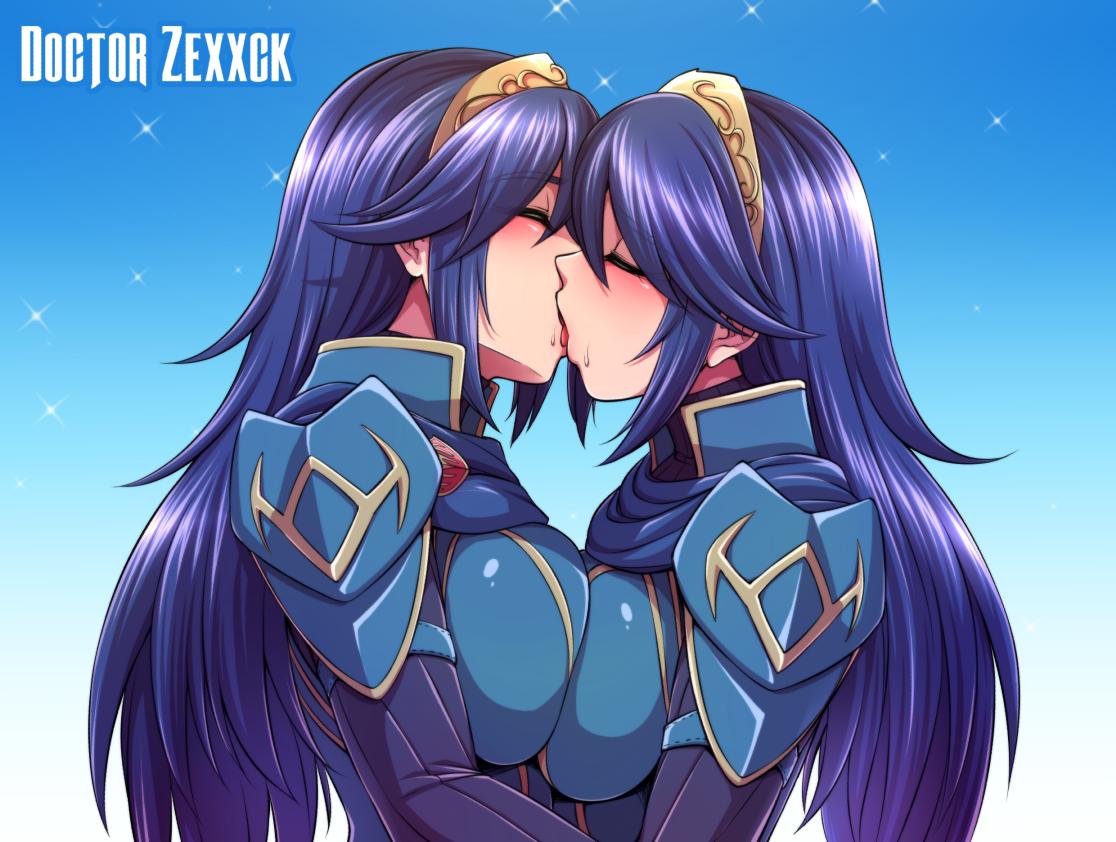 2girls armor artist_name blue_background blue_hair breasts closed_eyes commentary commission dual_persona english_commentary eyebrows_visible_through_hair fire_emblem fire_emblem_awakening french_kiss gradient gradient_background hair_between_eyes kissing large_breasts long_hair lucina_(fire_emblem) multiple_persona nintendo selfcest shoulder_armor tongue two-tone_background upper_body watermark white_background yuri zexxck