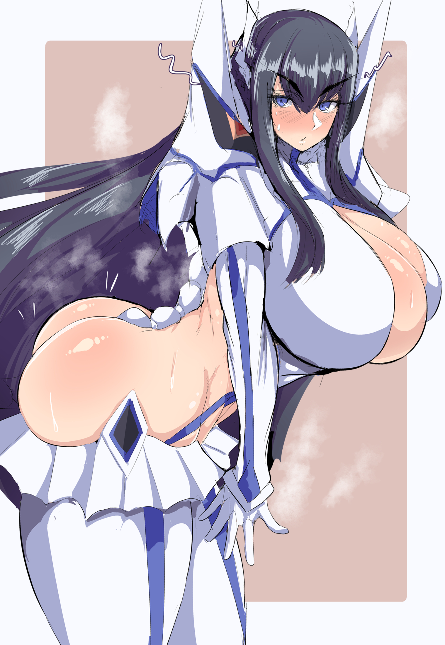 1girls, ass, big breasts, black hair, blush, breasts, eye contact, female, gloves, huge breasts, junketsu, kill la kill, kiryuuin satsuki, large breasts, long hair, looking at viewer, partially clothed, rururu82010664, sideboob, simple background, solo, thick thighs, thighhighs, thighs, voluptuous