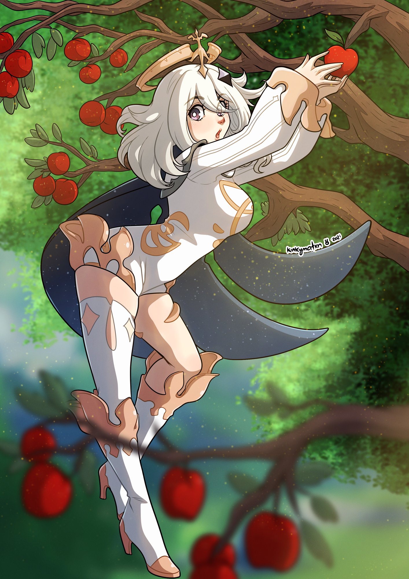 :o, 1girls, 2021, aged up, alternate breast size, apple, apple tree, breasts, clothing, eyebrows visible through hair, eyes visible through hair, female, female only, floating, food, footwear, fruit, fruit tree, genshin impact, heel boots, hi res, high heel boots, high heels, kinkymation, light skin, light-skinned female, long hair, long sleeves, looking at viewer, paimon (genshin impact), purple eyes, solo, tree, white hair