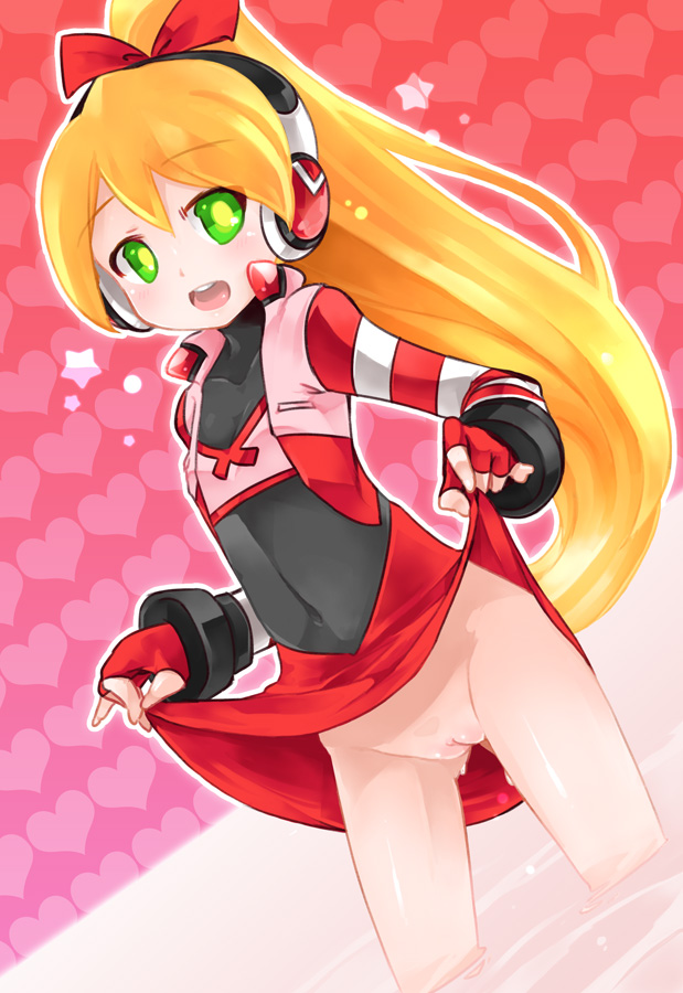 akihara_nakuru blonde_hair call_(mighty_no._9) call_f clothes_pull clothing curtsey dress dress_lift dress_lifted_by_self dress_pull dutch_angle female female_only fingerless_gloves gloves green_eyes hair_ornament hair_ribbon headphones lifted_by_self long_hair mighty_no._9 navel nopan partially_submerged pettanko ponytail pussy ribbon smile solo standing striped_sleeves tied_hair uncensored vagina vest wading