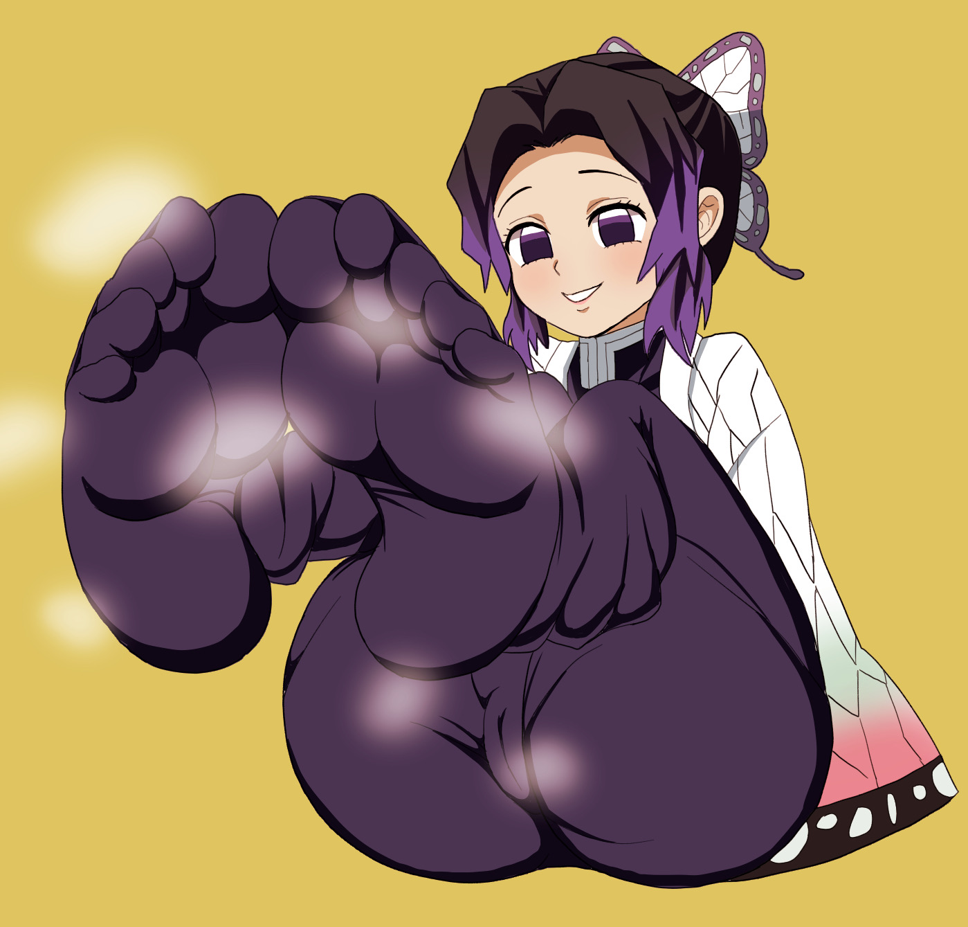 black hair, butterfly hair ornament, cameltoe, demon slayer, feet, feet up, female, female only, foot fetish, foot focus, fully clothed, haori, kimetsu no yaiba, kochou shinobu, musk, musk clouds, musky, pencil3693, plain background, purple eyes, pussy, sitting, smell, smelly, smile, socks, soles, solo, steam, steamy, sweat, sweatdrop, sweating, sweaty, two-tone hair, wide hips, yellow background