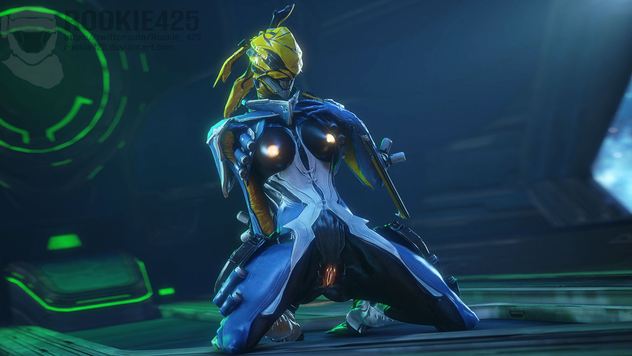 1girls 3d armor athletic_female breasts faceless female female_only glowing_genitalia kneeling mesa_(warframe) nipples pussy robot_girl rookie425 warframe