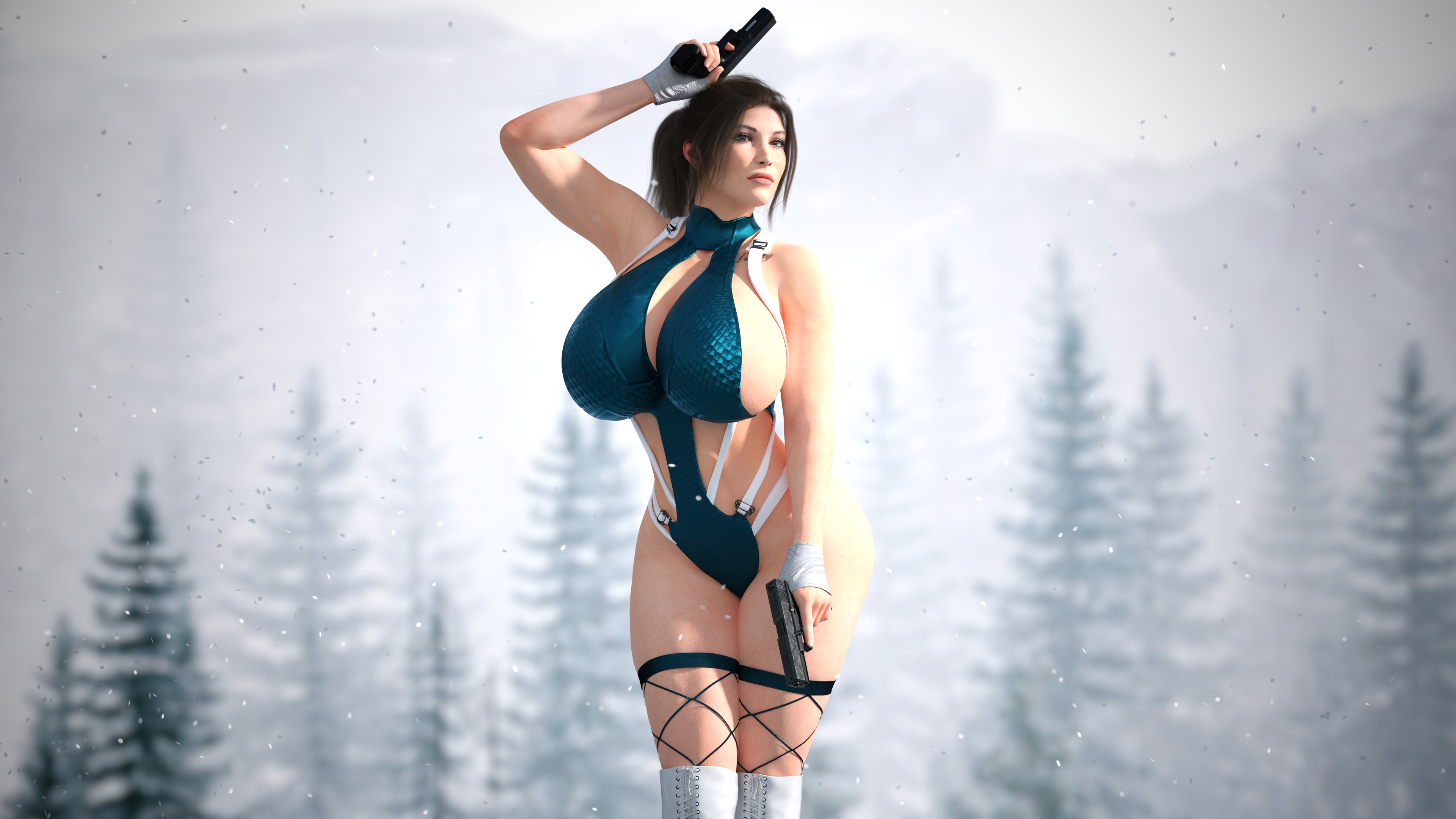 3d, 3d (artwork), alternate breast size, armpit, ass, athletic, athletic female, big ass, big breasts, big butt, blurred background, bodysuit, boots, breasts, breasts bigger than head, busty, female, female focus, female only, firearm, fishnet legwear, fishnets, forest, gloves, gun, hand on head, handgun, holding pistol, holding weapon, huge breasts, human, lace-up boots, lara croft, lara croft (survivor), large ass, large breasts, legwear, long hair, looking at viewer, metal 01, muscular, muscular female, pale skin, pine tree, pistol, pistols, ponytail, pose, sfw, skimpy, snow, standing, stockings, straps, tomb raider, tomb raider (survivor), top heavy, wallpaper, weapon, white boots, white footwear, winter