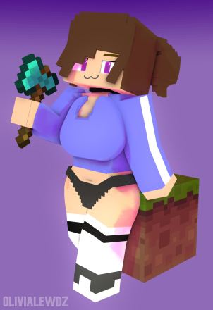 3d :3 adult breasts brown_hair clothed_female commission female grass_block horny_female human humanoid looking_at_viewer maddie_burr mine-imator minecraft olivialewdz outside panties purple_eyes stockings tagme tool weapon