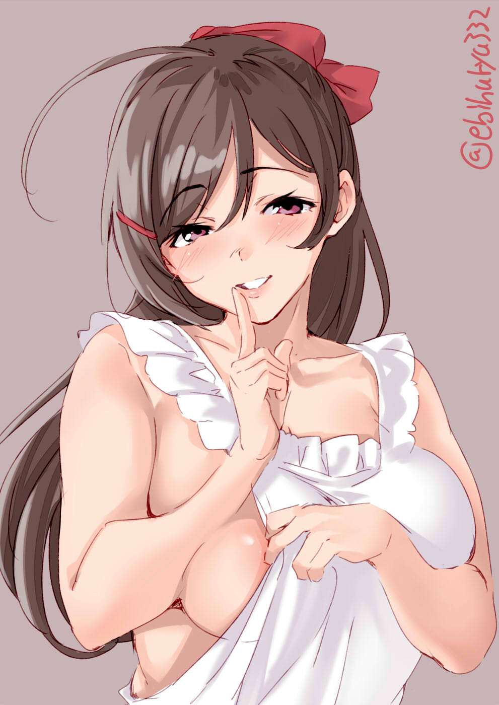 ahoge, apron, areola slip, big breasts, blush, breasts, brown hair, ebifurya, female, female only, hair ribbon, hairclip, kantai collection, long hair, looking at viewer, mamiya (kantai collection), naked apron, ponytail, purple eyes, sideboob, smile, solo