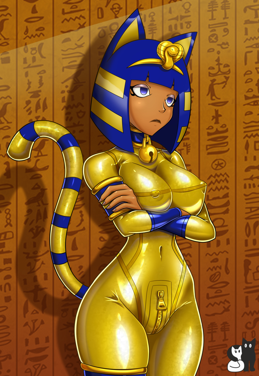 1girls, animal crossing, ankha, ankha ride (minus8), bell collar, blue eyes, bodysuit, closed mouth, clothing, collar, crossed arms, crotch zipper, eyes, female, female focus, female only, fully clothed, hair, hieroglyphics, humanoid, jpeg, latex, latex clothing, latex suit, nintendo, nipple bulge, open eyes, rosvo, rubber, rubber clothing, rubber suit, shiny clothes, solo, standing, tail, tight clothing, unamused, yellow bodysuit, zipper