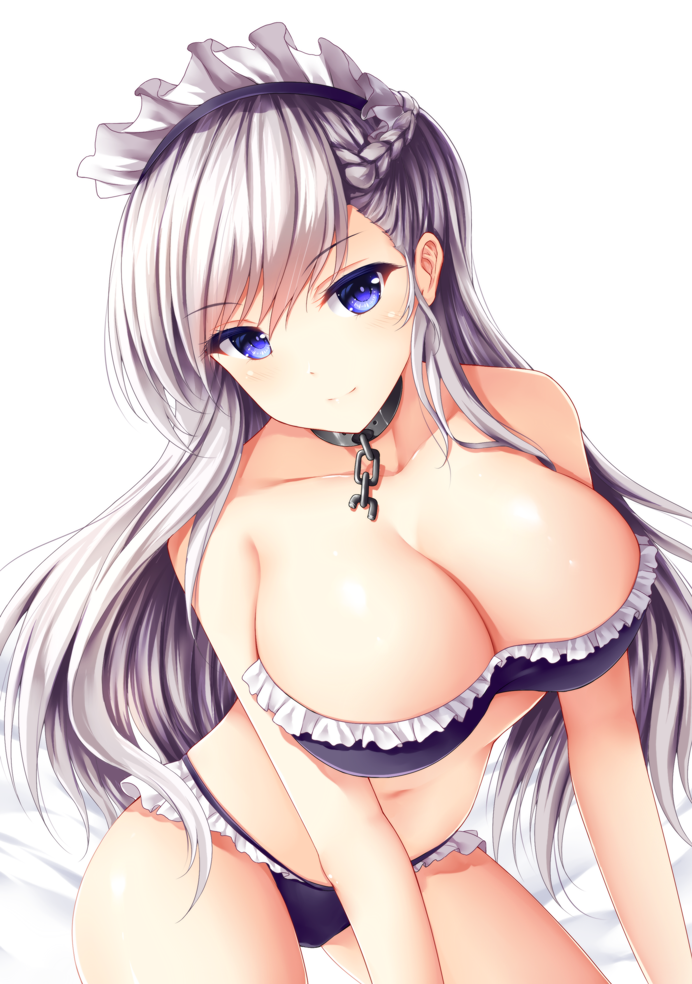 1girls, 2018, all fours, azur lane, bangs, bed sheet, belfast (azur lane), blue eyes, braid, breasts, chains, cleavage, collar, cowboy shot, eyebrows visible through hair, female, female only, head tilt, highres, huge breasts, long hair, maid headdress, navel, side braid, swimsuit, white background, white hair, wsman