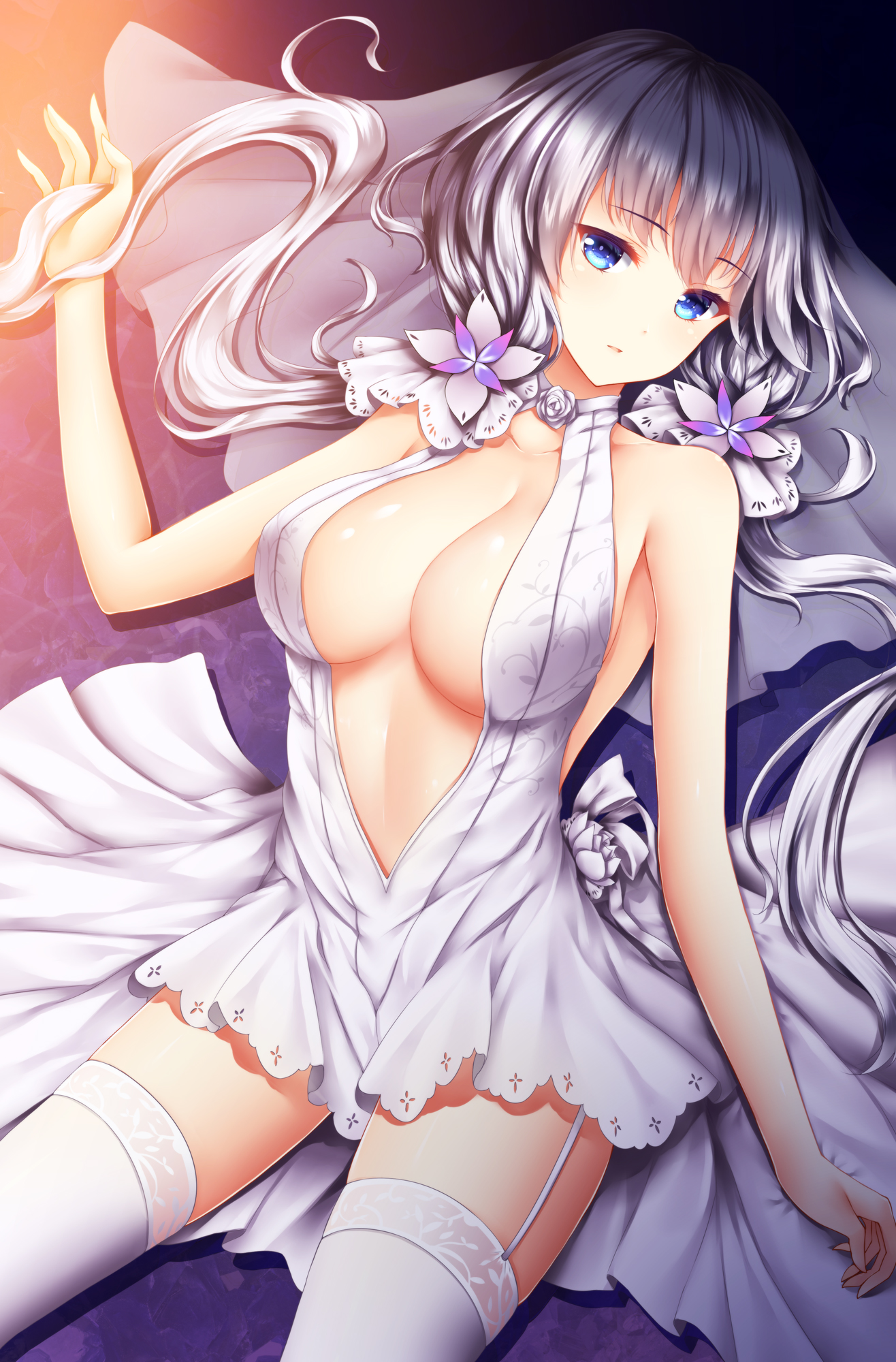 1girls, 2017, azur lane, bangs, blue eyes, breasts, cleavage, collarbone, day, dress, eyebrows visible through hair, female, garter straps, halter dress, halterneck, hand up, highres, illustrious (azur lane), large breasts, legs apart, long hair, looking at viewer, low twintails, lying, on back, parted lips, shade, sidelocks, silver hair, solo, thighhighs, thighs, tsurime, twintails, very long hair, white dress, white legwear, wsman