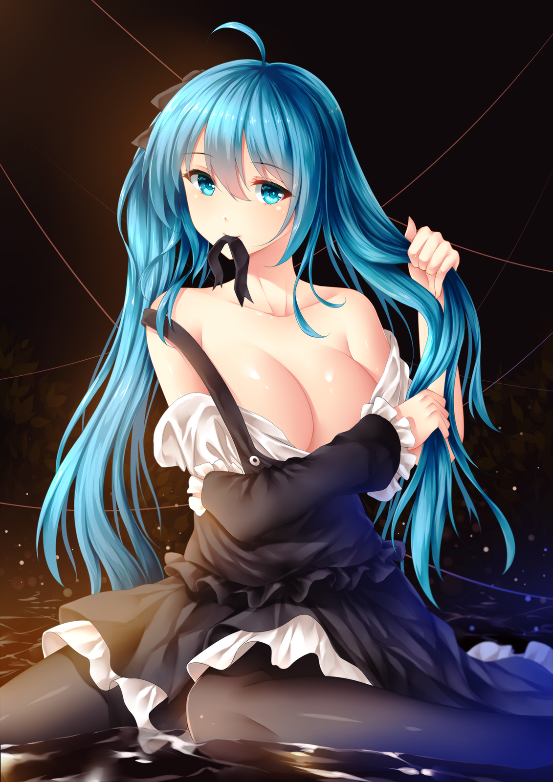 1girl, 1girls, 2018, adjusting hair, ahoge, aqua eyes, aqua hair, bare shoulders, black dress, black legwear, black pantyhose, blue eyes, blue hair, blush, breasts, cleavage, dress, eyebrows visible through hair, female, frilled sleeves, frills, hatsune miku, highres, holding, holding hair, large breasts, long hair, looking at viewer, mouth hold, off shoulder, pantyhose, ribbon, sitting, skindentation, solo, string, twintails, tying hair, very long hair, vocaloid, wariza, water, wavy hair, wsman