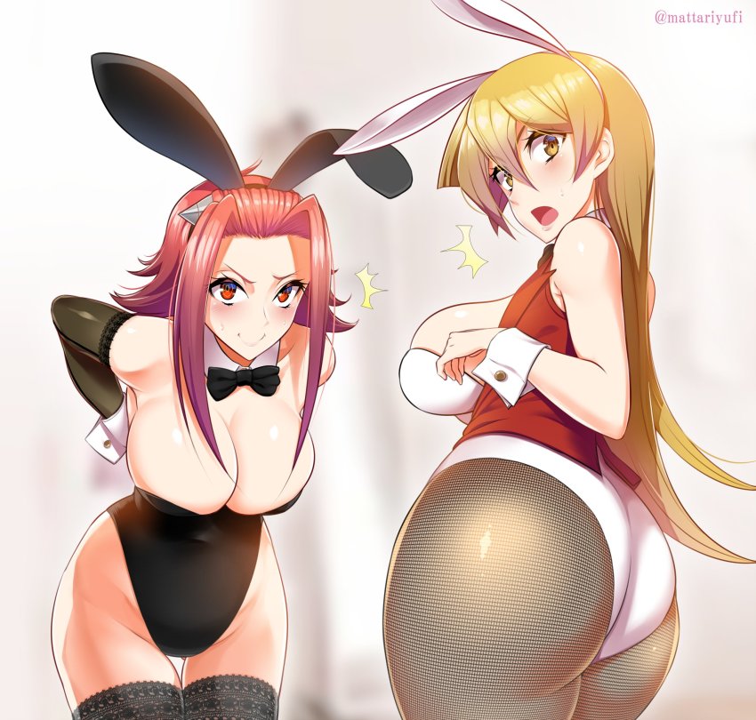 2girls akiza_izinski alexis_rhodes arm_up arms_behind_back ass bangs black_bow black_bowtie black_gloves black_legwear black_leotard blonde_hair blush bow bowtie breasts bunny_girl bunnysuit cleavage collar collared_jacket elbow_gloves female gloves gluteal_fold grey_legwear hair_between_eyes hair_ornament hand_on_own_chest highres hip_bones hip_focus huge_breasts izayoi_aki jacket lace lace-trimmed_legwear lace_trim large_breasts leotard lingerie lips long_bangs long_hair long_sleeves looking_at_viewer mattari_yufi multiple_girls navel open_mouth pantyhose parted_bangs playboy_bunny ponytail rabbit_ears red_eyes red_hair red_jacket short_hair skin_tight smile surprised swept_bangs tenjouin_asuka thick_thighs thighhighs thighs uncensored underwear very_long_hair white_leotard wrist_cuffs yellow_eyes yu-gi-oh! yu-gi-oh!_5d's yu-gi-oh!_gx yuu-gi-ou yuu-gi-ou_5d's yuu-gi-ou_gx