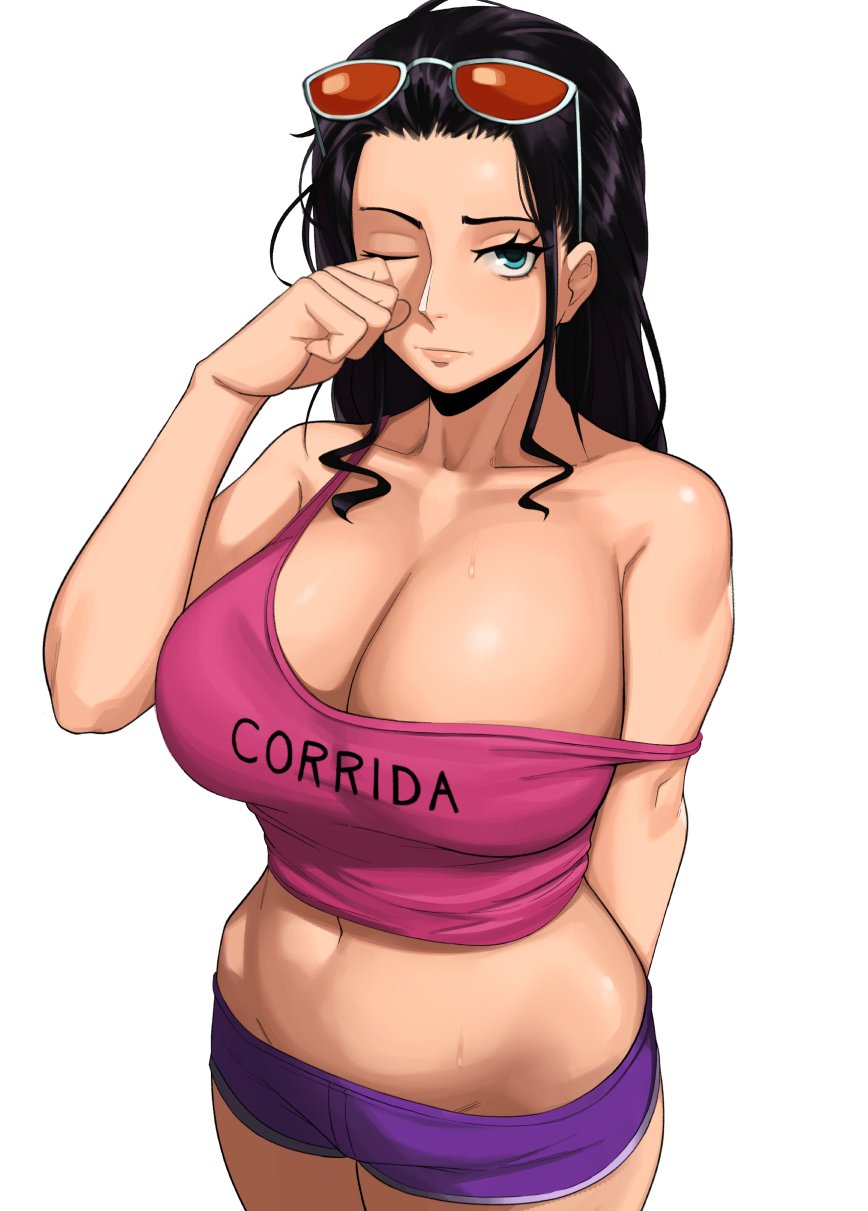 1girls big_breasts breasts crop_top eyewear_on_head female female_only huge_breasts kevbot large_breasts looking_at_viewer nico_robin one_piece post-timeskip solo sunglasses_on_head tank_top