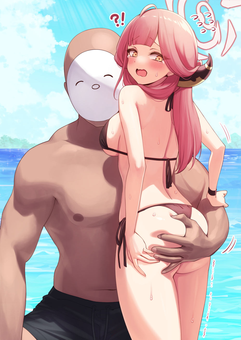 1boy 1girls ahoge aru_(blue_archive) ass ass_grab bald bangs beach bikini black_bikini blue_archive blush breasts dark-skinned_male dark_skin deadnoodles_(@deadnooodles) embarrassed female flying_sweatdrops from_behind gehenna_academy_student grabbing_another's_ass groping hands_on_ass horns interracial large_breasts light-skinned_female light_skin long_hair looking_back male_swimwear mask navel nipples open_mouth outdoors pink_hair problem_solver_68_(blue_archive) side-tie_bikini straight swimsuit thong thong_bikini trembling water yellow_eyes