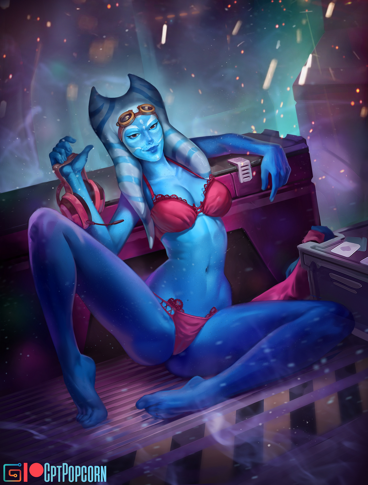 1girls, alien, alien girl, arm up, artist name, ass, background, barefoot, blue body, blue skin, bra, breasts, card, clothed female, clothing, cptpopcorn, crate, detailed background, eyes, feet, female, female only, freckles, front view, half-closed eyes, happy, headphones, headphones removed, holding object, horn, humanoid, looking at viewer, navel, open eyes, panties, pink bra, pink panties, pink underwear, pinup, pose, sitting, skinny, smile, soko vaash, solo, spread legs, star wars, tentacle, tentacle hair, toes, togruta