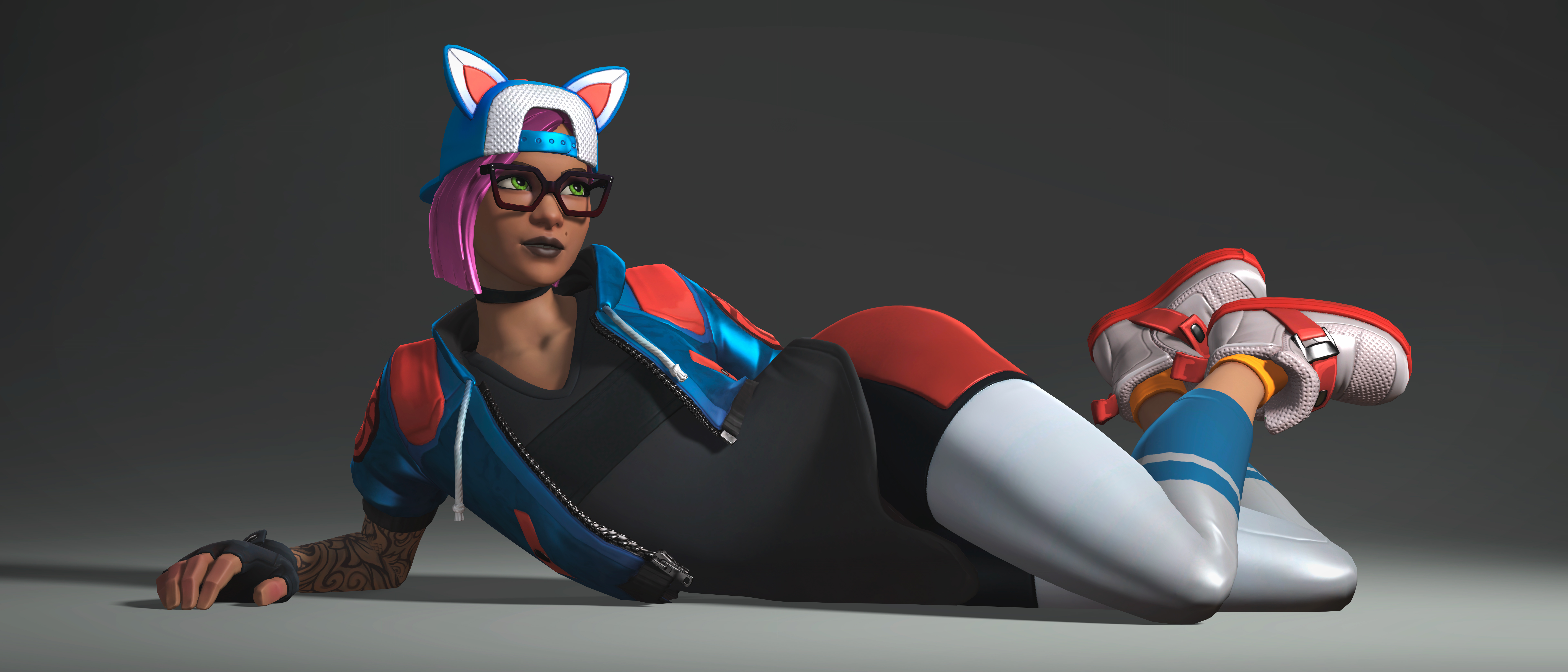 1girls, 3d, ass, cat ears, clothed, clothed female, female, female only, fortnite, fortnite: battle royale, glasses, green eyes, hat, lynx (fortnite), pink hair, rescraft, shoes, solo, thick thighs, thighs