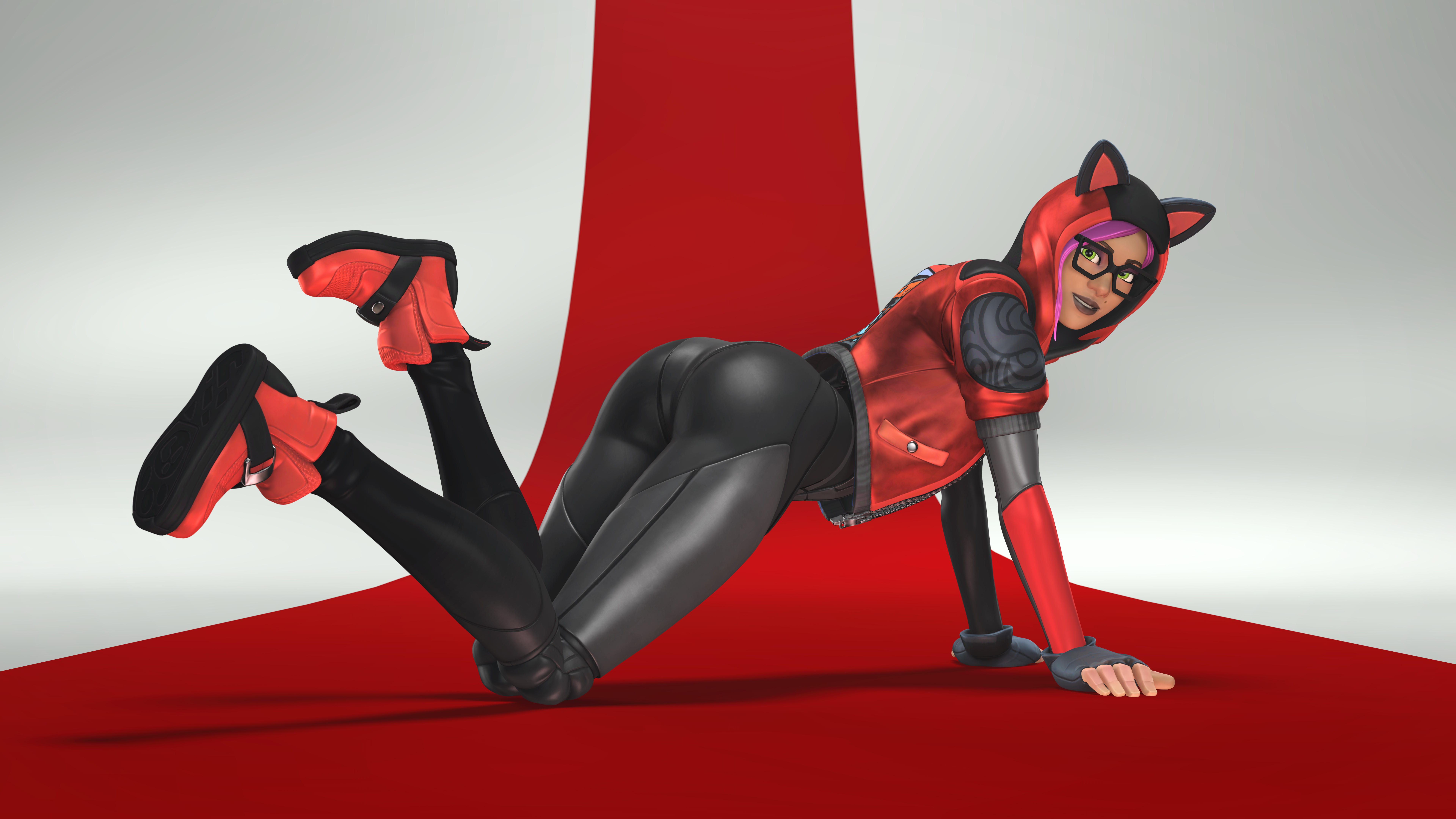 1girls, 3d, ass, cat ears, clothed, clothed female, fat ass, female, female only, fortnite, fortnite: battle royale, glasses, green eyes, horny, latex, latex suit, looking at viewer, lynx (fortnite), pink hair, rescraft, shoes, solo, source request, thick ass, thick thighs, thighs, tight clothing, tight suit