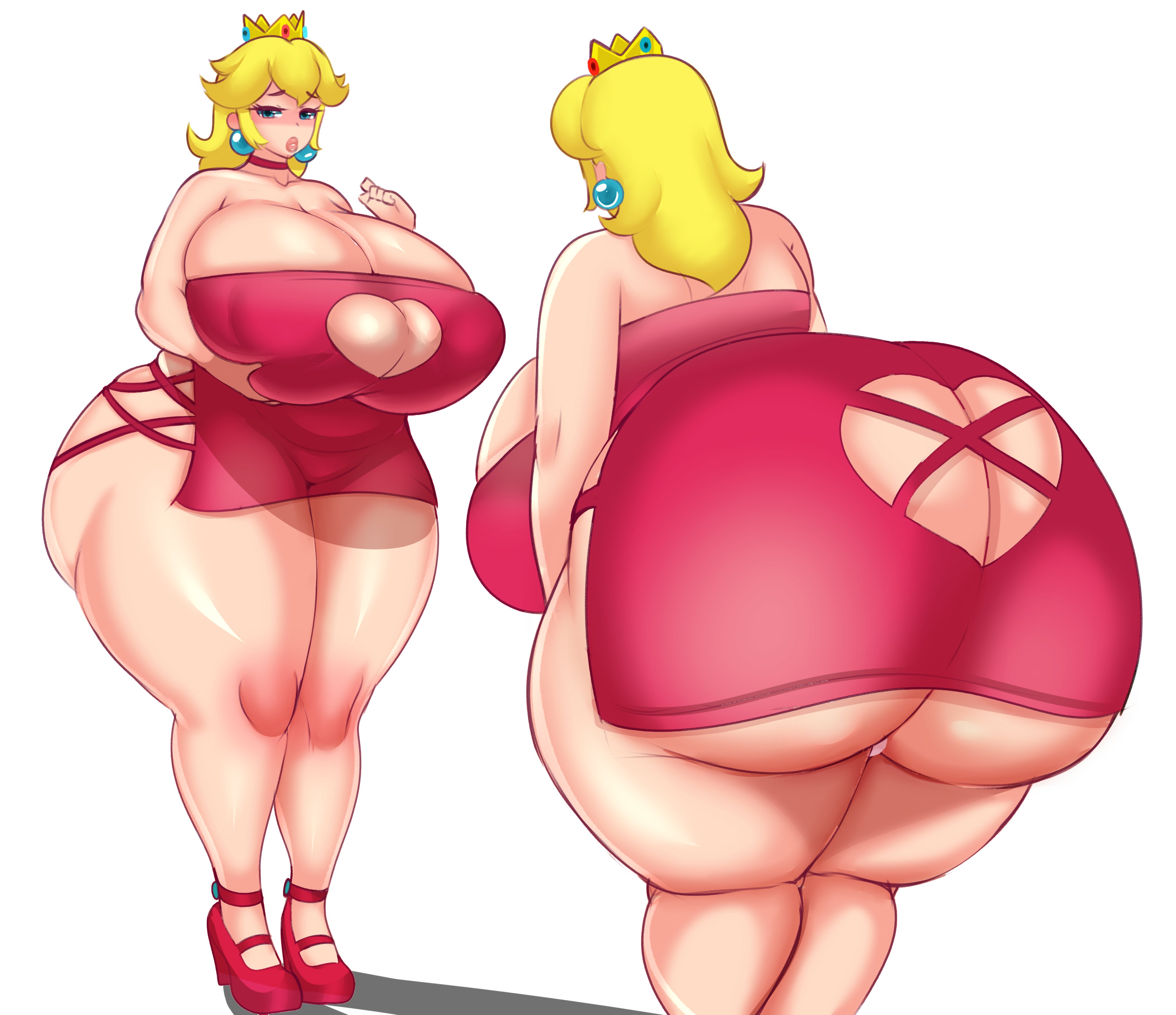 1girls, absurdres, ass, ass bigger than head, ass cleavage, ass crack, bent over, blonde hair, blue eyes, breasts, breasts bigger than head, bubble ass, bubble butt, butt crack, choker, cleavage, clothing, female, female only, fladdykin, full body, heart cutout, high heels, highres, huge ass, huge breasts, looking at viewer, mario (series), multiple views, nintendo, partially clothed, princess peach, rear view, revealing clothes, shadow, simple background, solo, standing, thick thighs, venus body, white background, wide hips