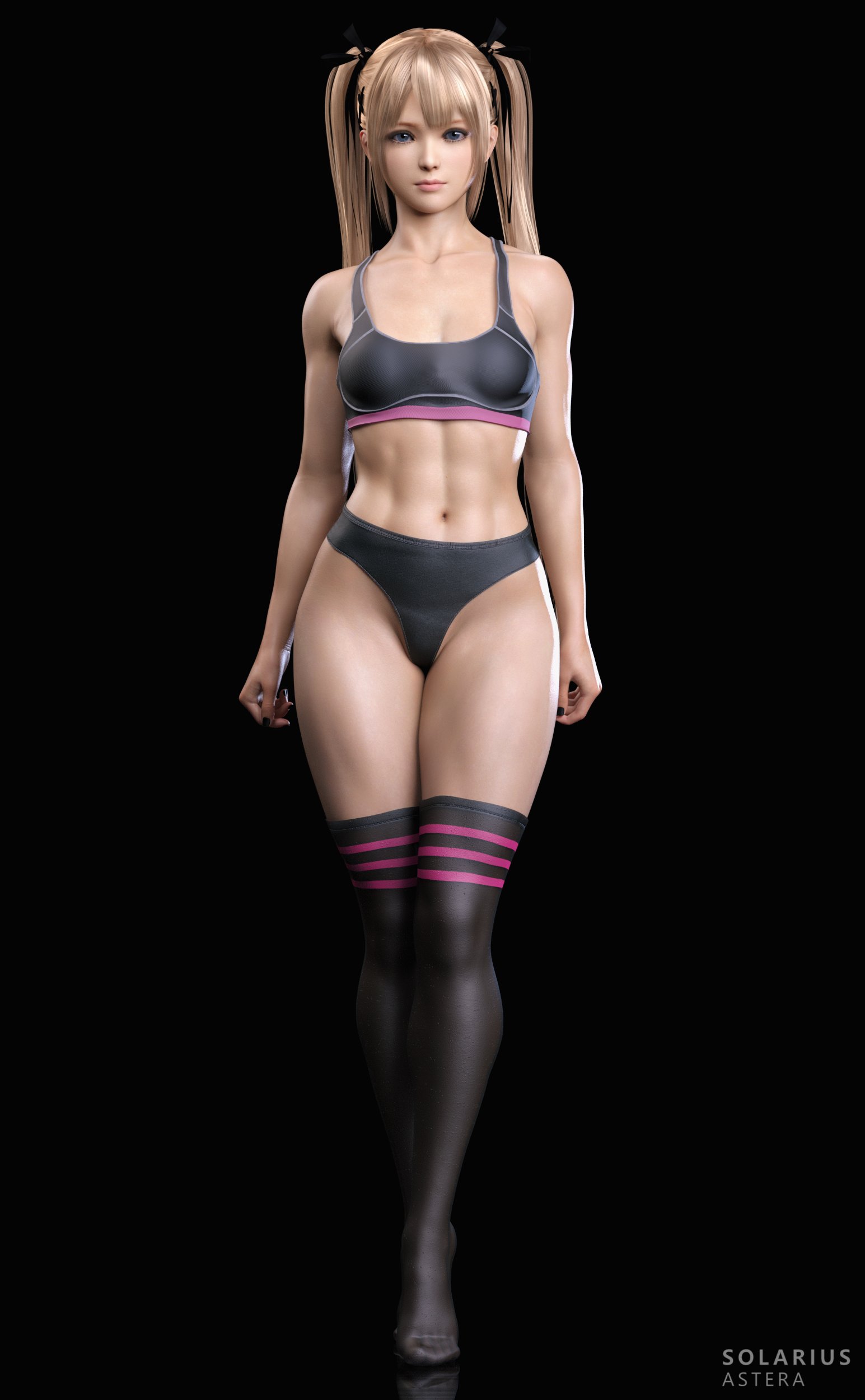 1girls, 3d, abs, black background, blonde hair, blue eyes, bra, breasts, dead or alive, female, female only, legwear, marie rose, muscular, muscular female, panties, petite, simple background, small breasts, solarius astera, solo, sports bra, thick thighs, thighhighs, twintails