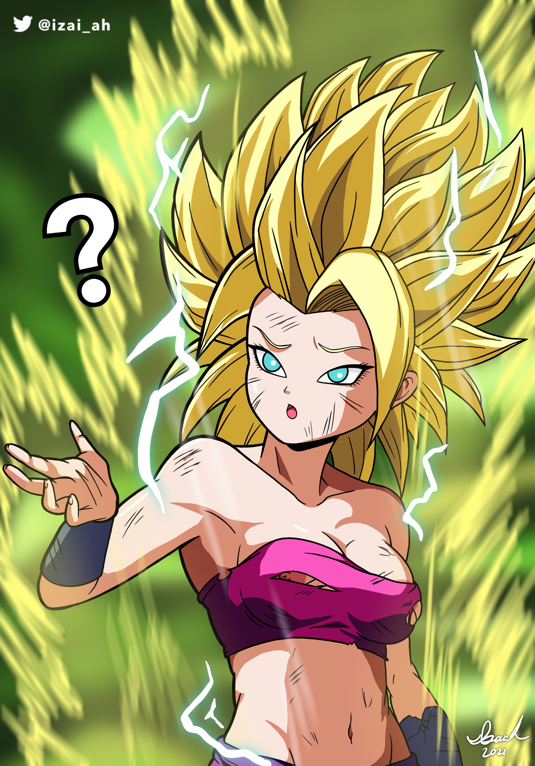 1girls, 2021, areola slip, areolae, aura, blue eyes, caulifla, confusion, dragon ball, dragon ball super, female, highres, izai ah, izaiah (artist), nipple slip, nipples, ripped clothing, super saiyan, yellow hair